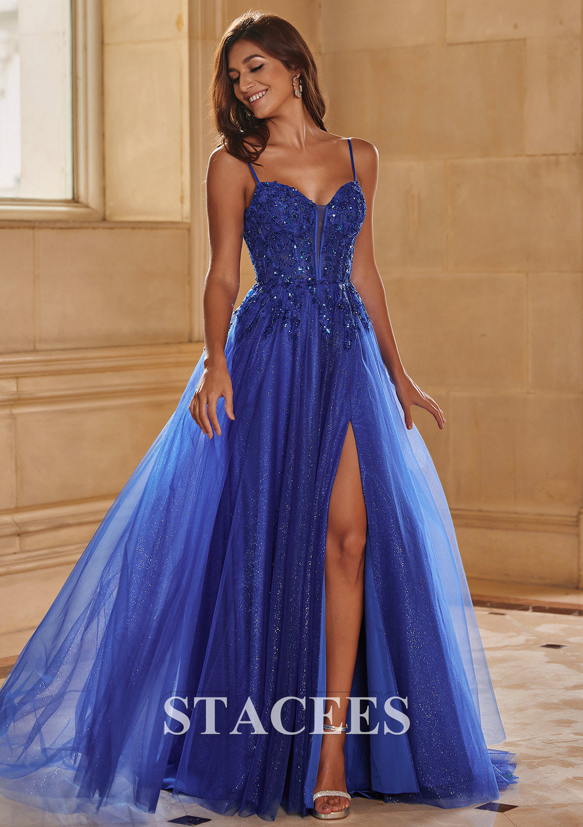 Royal Blue A-line V Neck Spaghetti Straps Corset Slit Glitter Tulle Prom Dress - STACEES