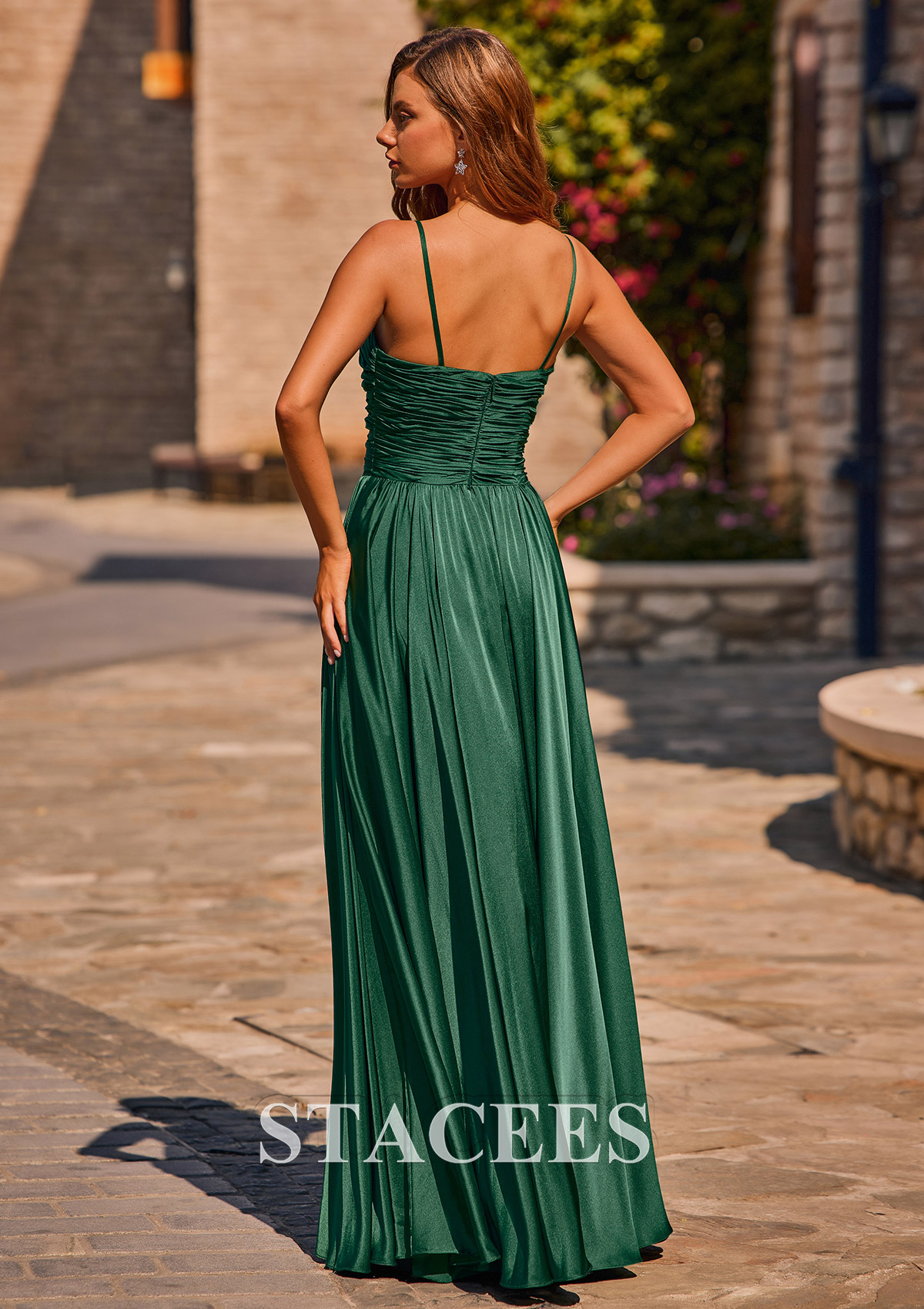 Dark Green A-line V Neck Satin Floor-Length Prom Dress with Pleated Split - STACEES