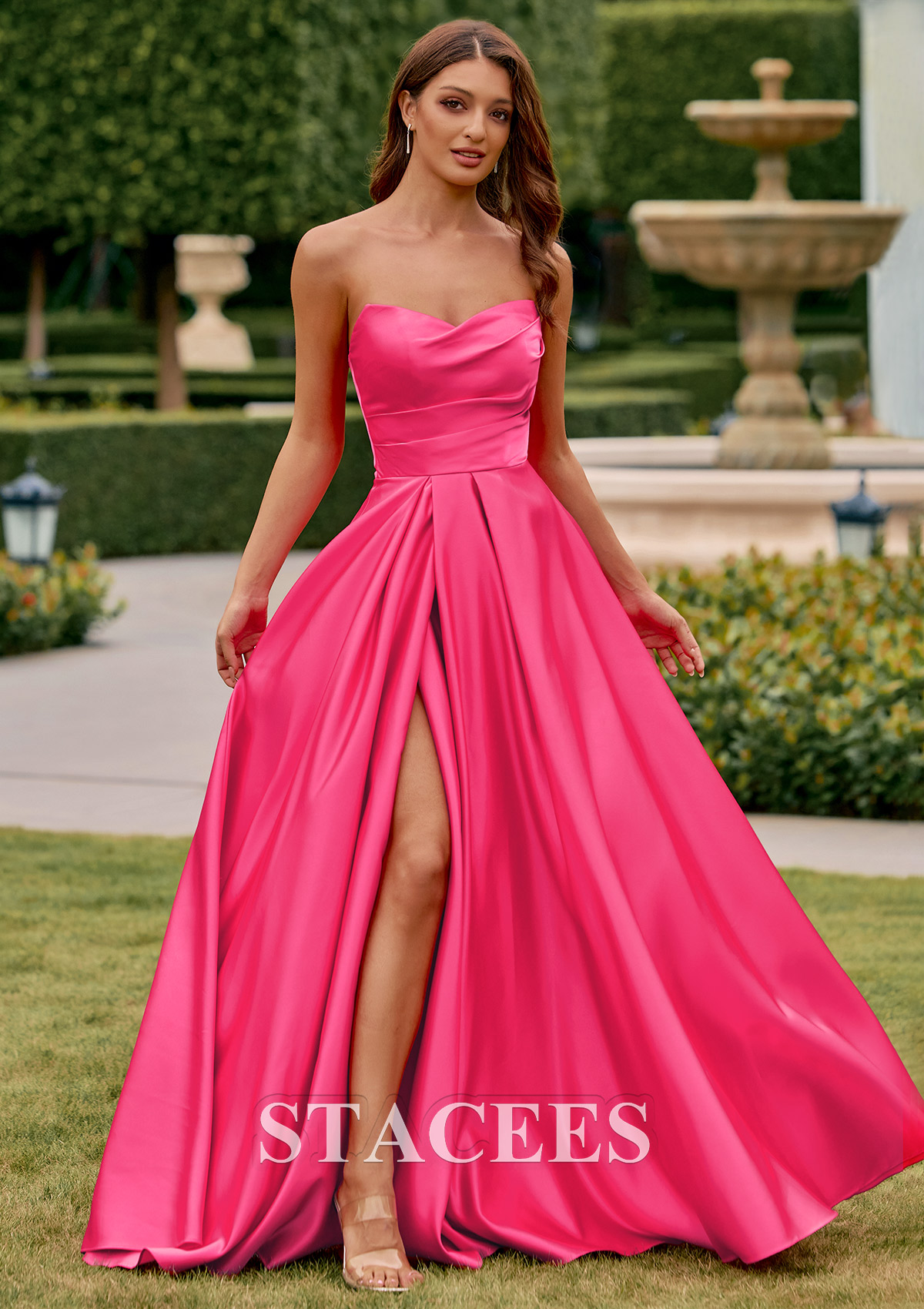 prom dresses vero beach A-line V Neck Strapless Satin Dress with Corset Back and Front Slit S8908P - Prom Size:38X31 1x Women Dress december-2024 Anya Ruched Bead Embellished