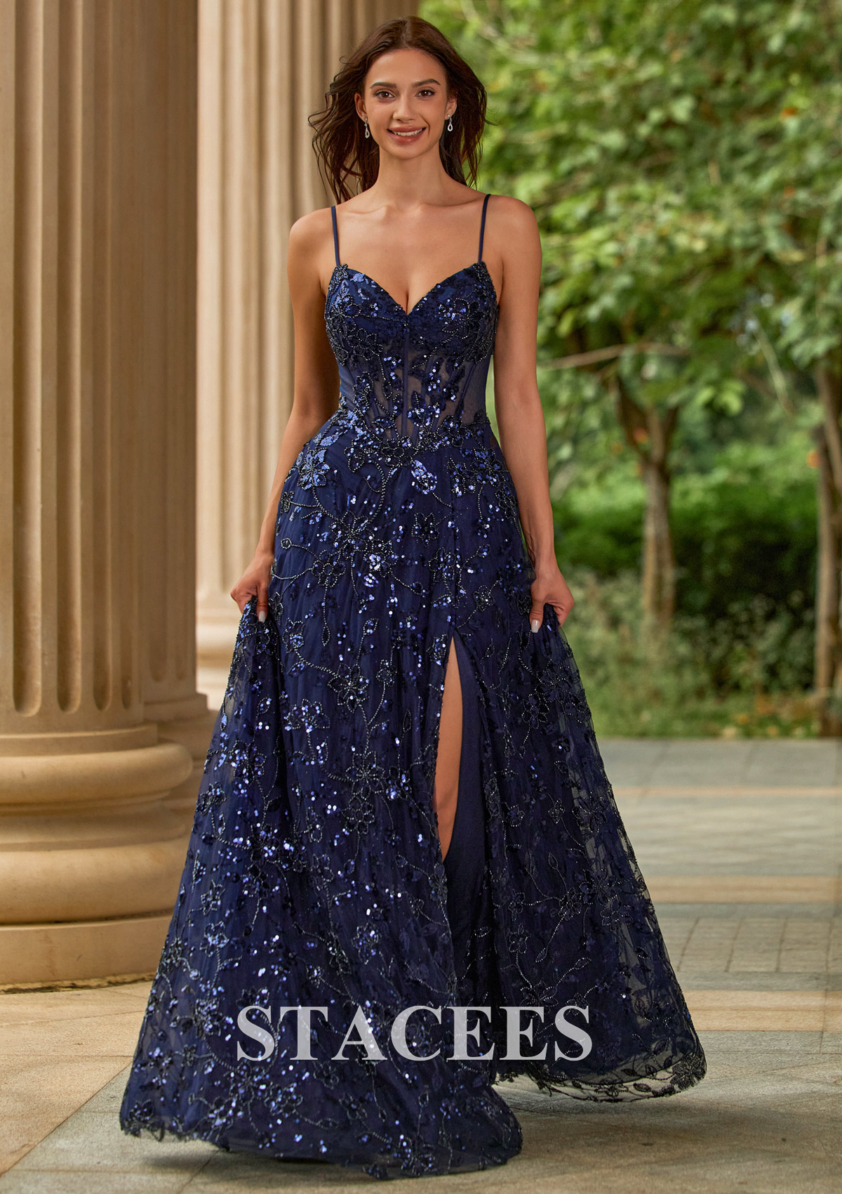 Bleu marine foncé Trapèze col en v paillettes longueur ras du sol robe de bal avec perles fendue - STACEES