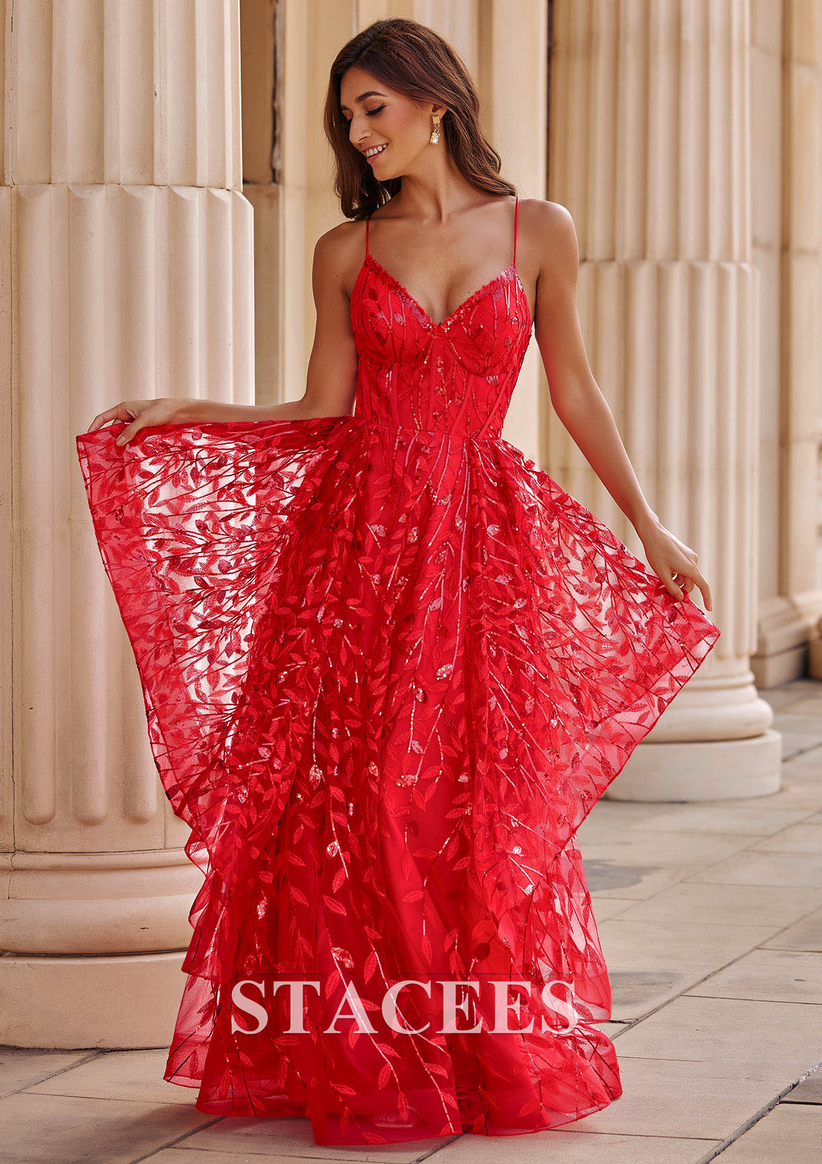 Rouge Trapèze col en v tulle ras du sol robe de bal - STACEES