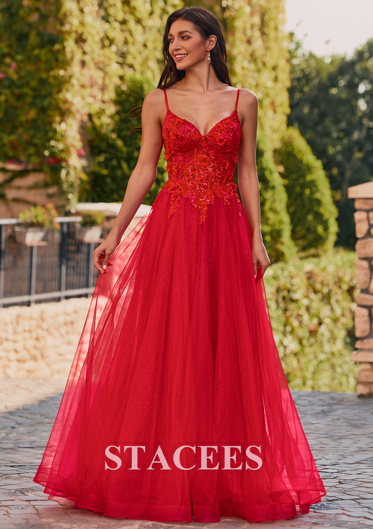 Rouge Trapèze col en v tulle longueur ras du sol robe de bal avec appliqué fleurs paillettes - STACEES