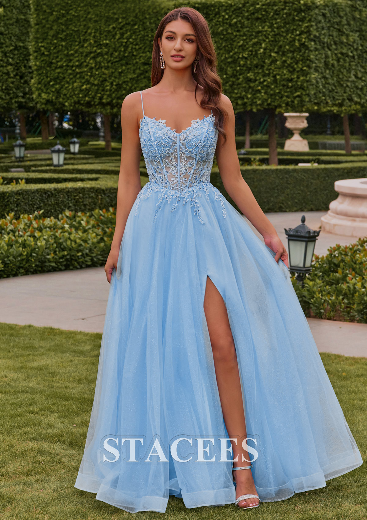 Sky Blue A-line Floral Embroidered Sheer Corset Spaghetti Strap Prom Dress with Slit  - STACEES