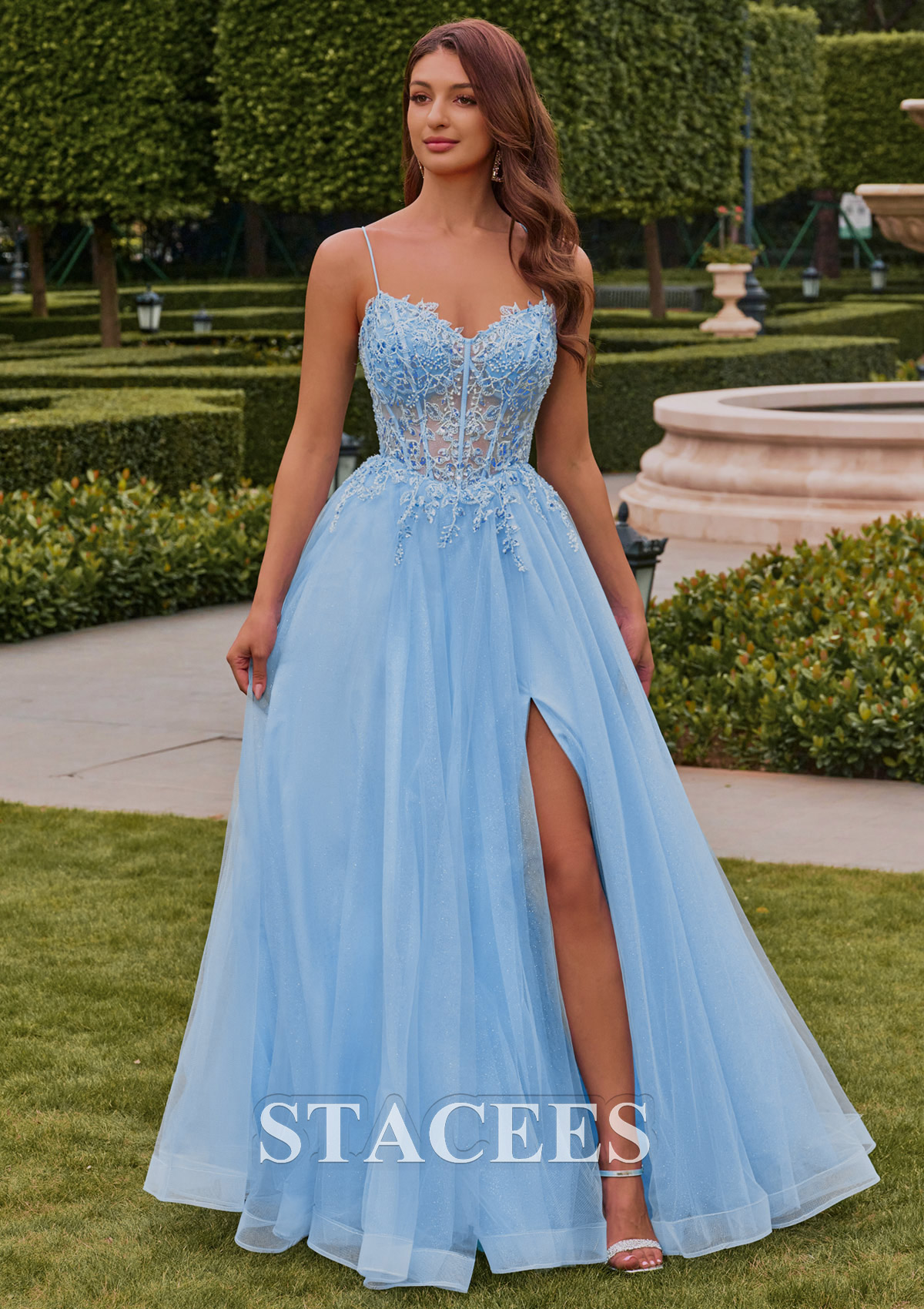 Sky Blue A-line Floral Embroidered Sheer Corset Spaghetti Strap Prom Dress with Slit  - STACEES