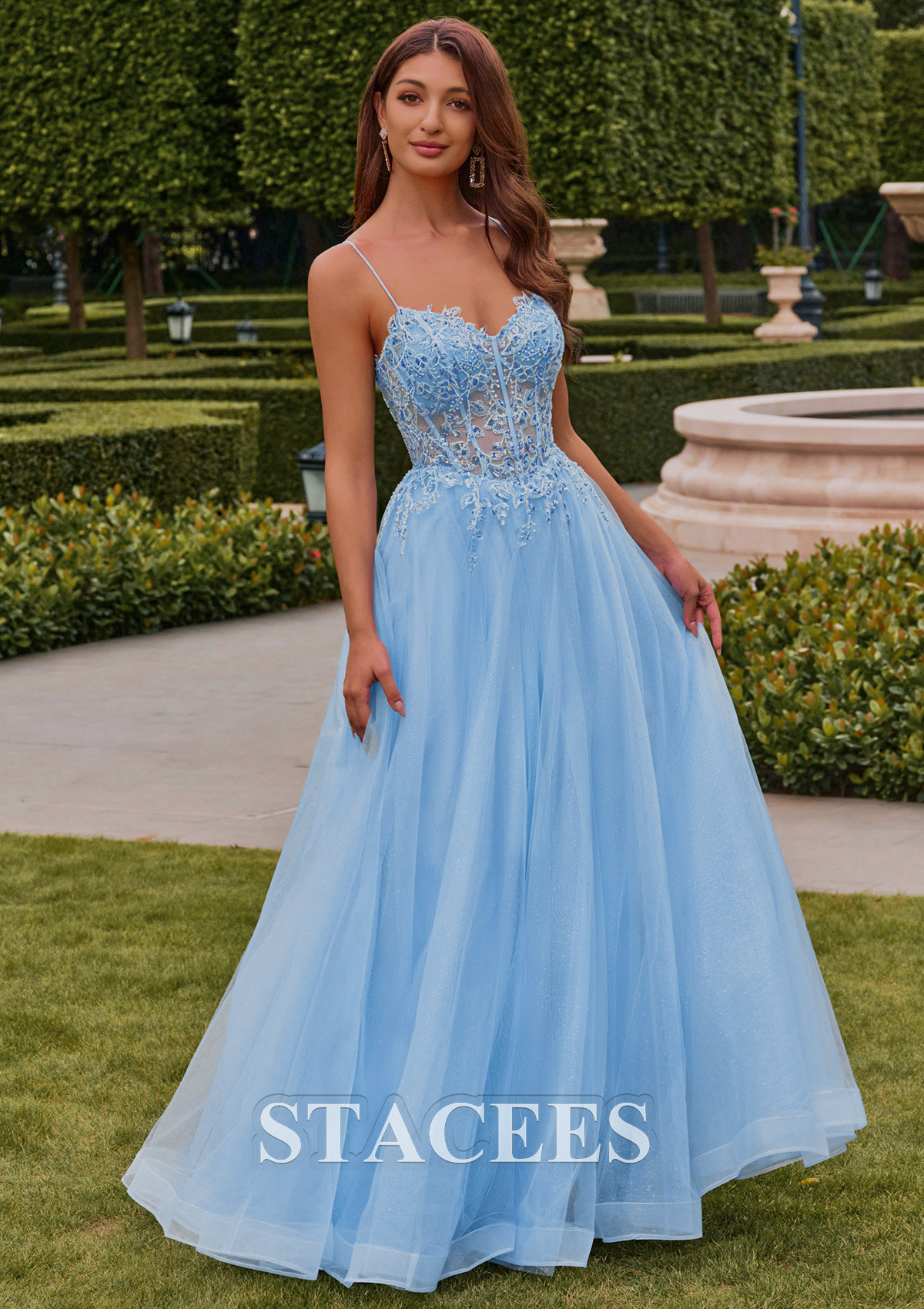 Sky Blue A-line Floral Embroidered Sheer Corset Spaghetti Strap Prom Dress with Slit  - STACEES