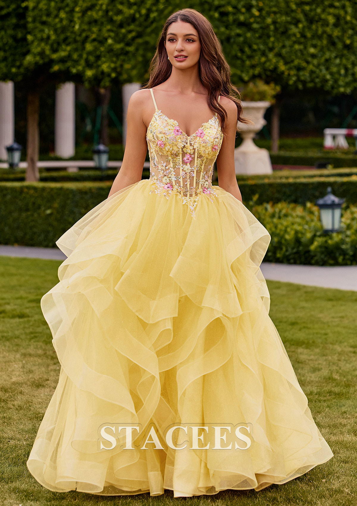corset tulle formal dress Sparkly Floral Sheer Prom with Ruffled Layered Ball Gown Skirt S9018P - Prom Dresses Sleeveless Back Color:Pink Blue Style swatchColorName:Dark Brown Do you dip your