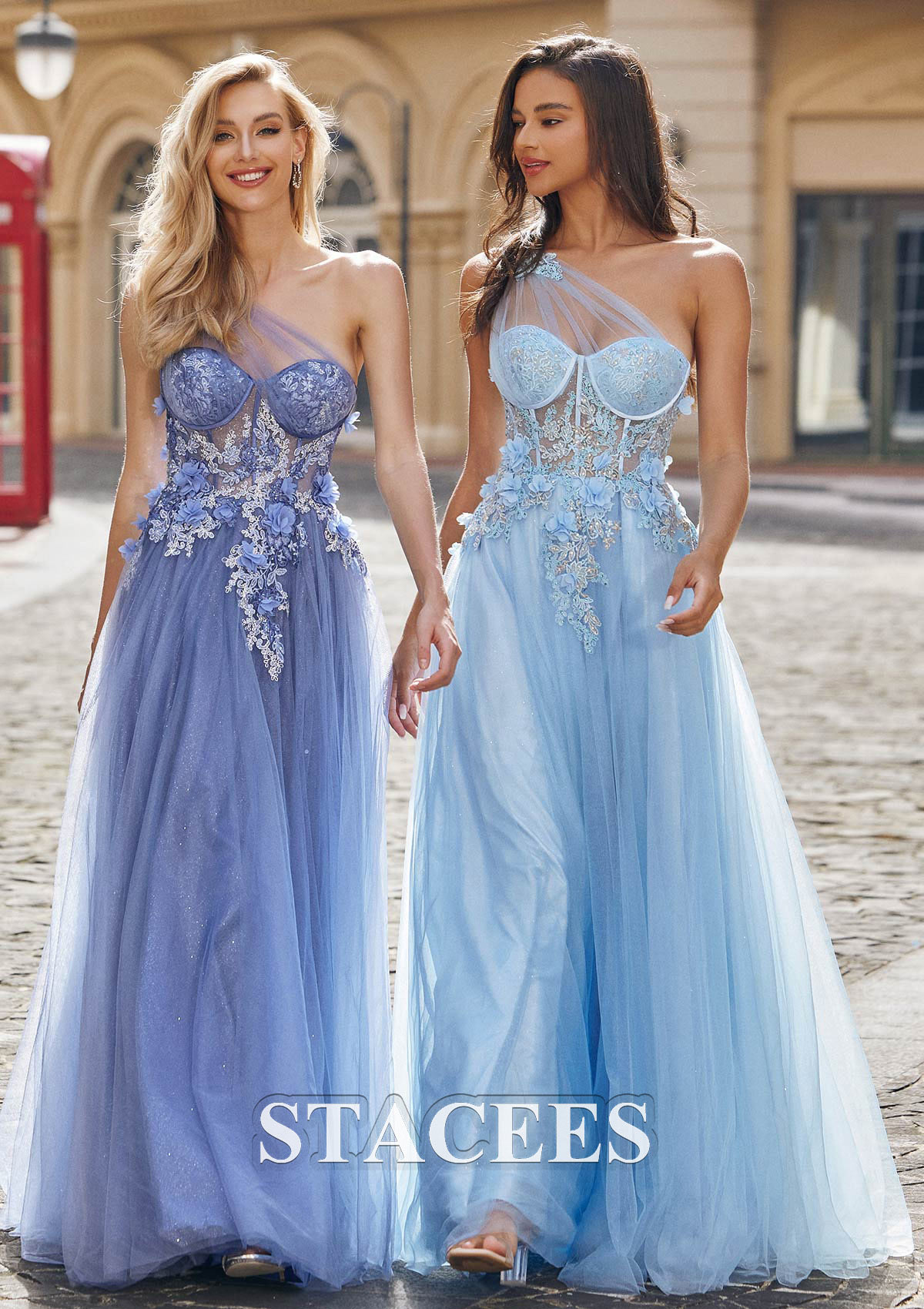 Dusty Blue A-line Princess One-Shoulder Sleeveless Sweep Train Tulle Prom Dress with Appliqued Beading Split - STACEES