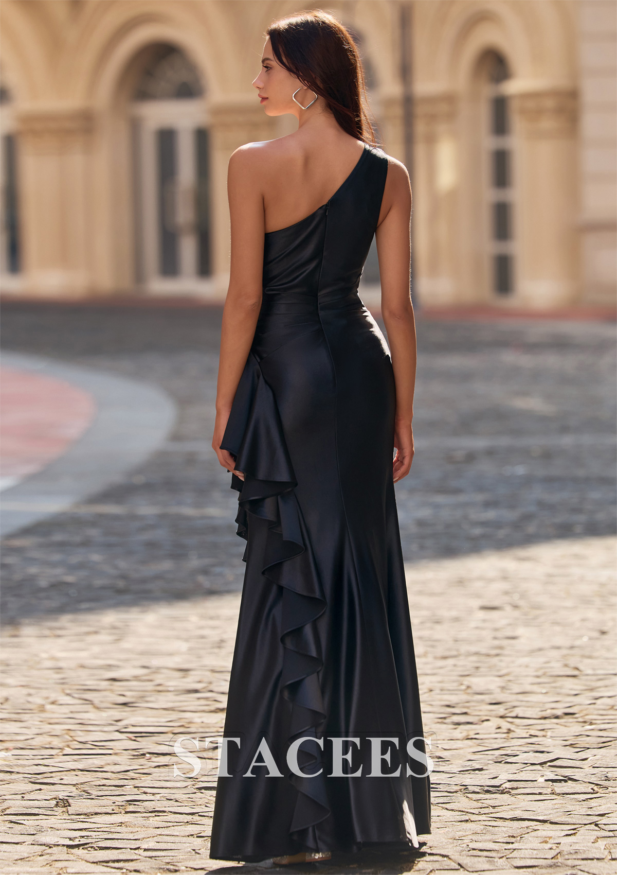 Black Fitted One-Shoulder Silk like Prom Dress with Ruffle Slit - STACEES