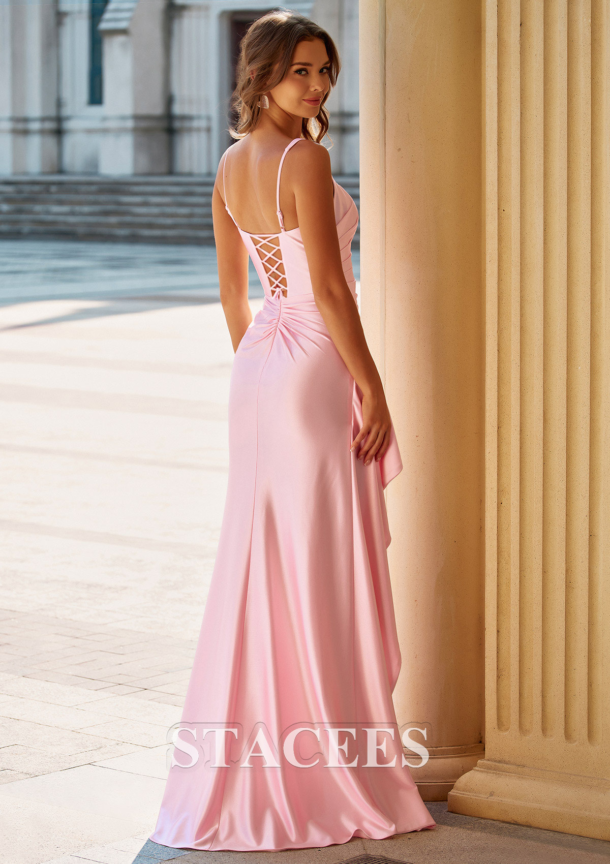 Blushing Pink Sheath Square Neckline Ruched Prom Dress with Side Cascading Ruffles Slit - STACEES