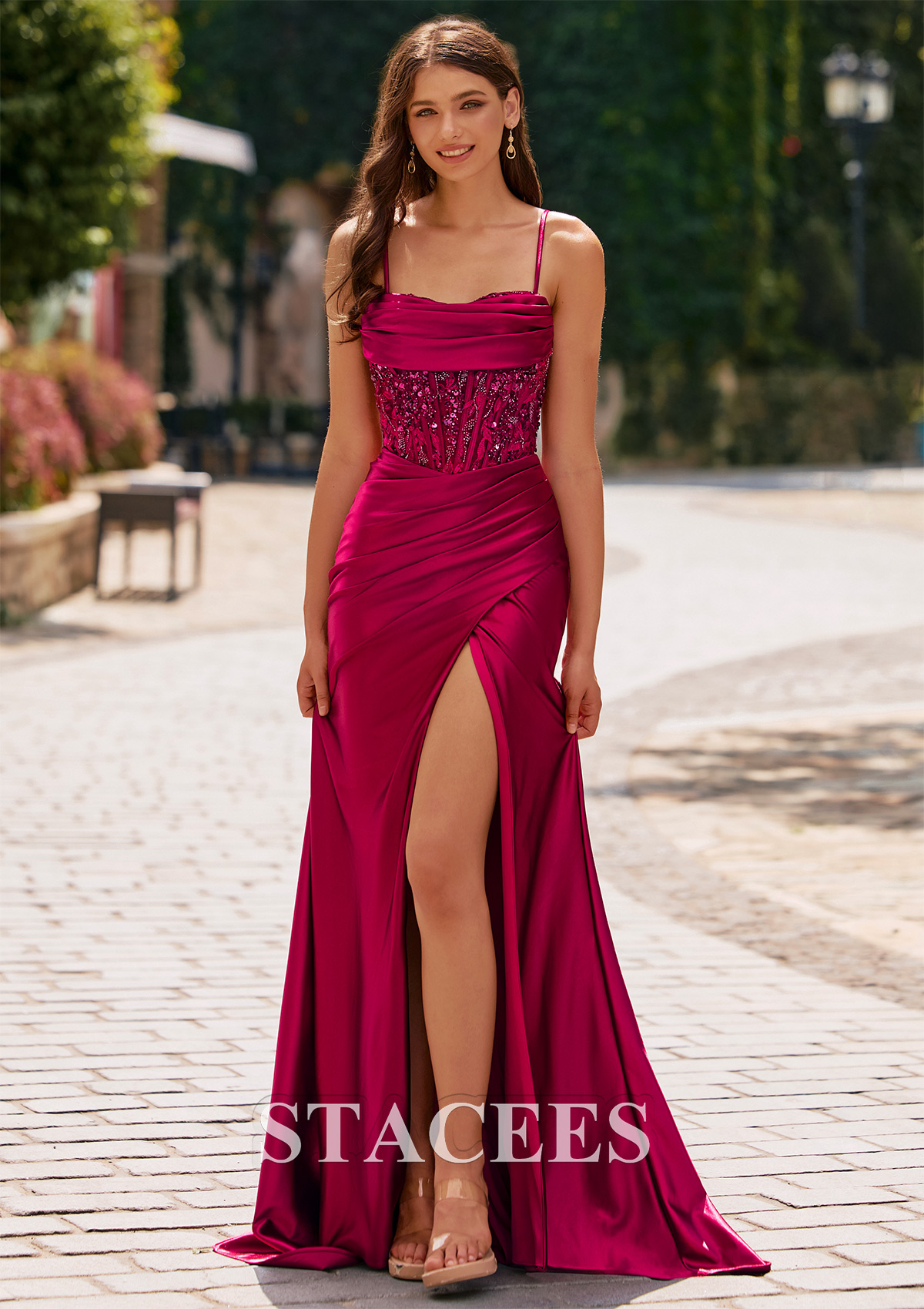 Burgundy Fitted Beaded Sequins Ruched Corset Slit Prom Dress - STACEES