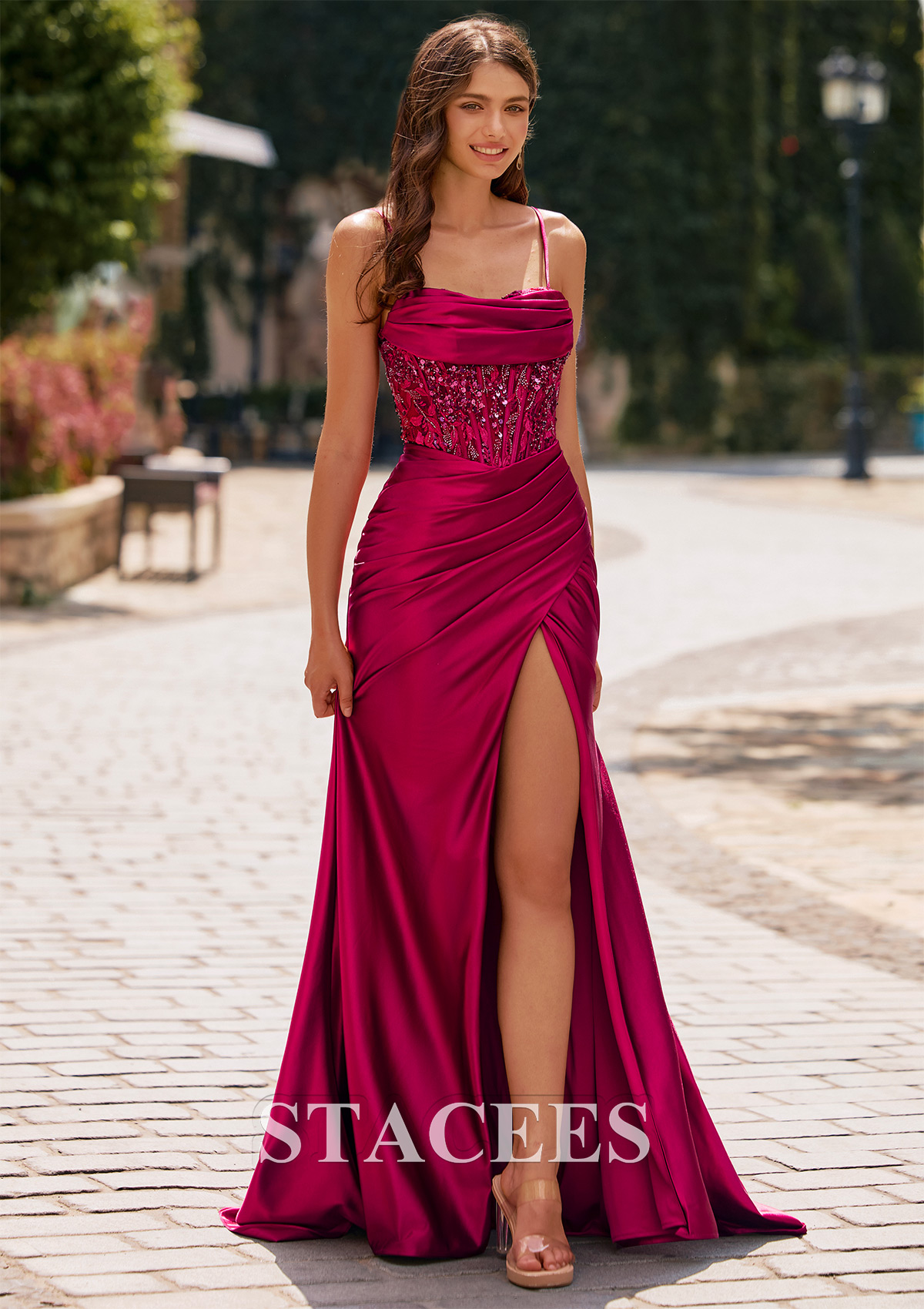 Burgundy Fitted Beaded Sequins Ruched Corset Slit Prom Dress - STACEES