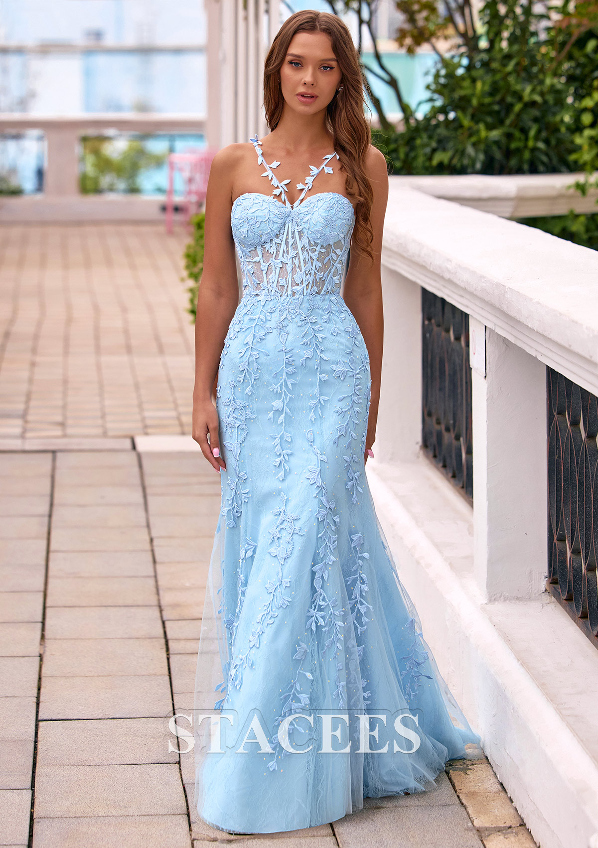 Sky Blue Mermaid Halter Leaf Lace Straps Sheer Boned Corset Prom Dress - STACEES