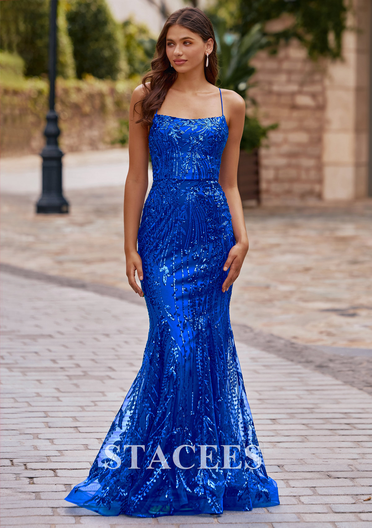 Bleu Royal Trumpette/Sirène carrée paillettes traîne balayage robe de bal - STACEES