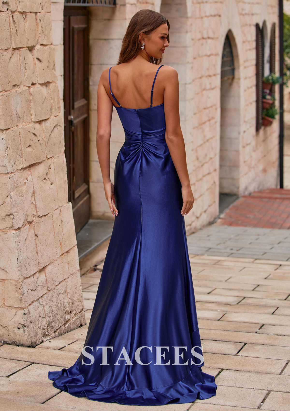 Navy Blue Mermaid Sweetheart Spaghetti Straps Ruched Prom Dress with Ruffle Slit - STACEES