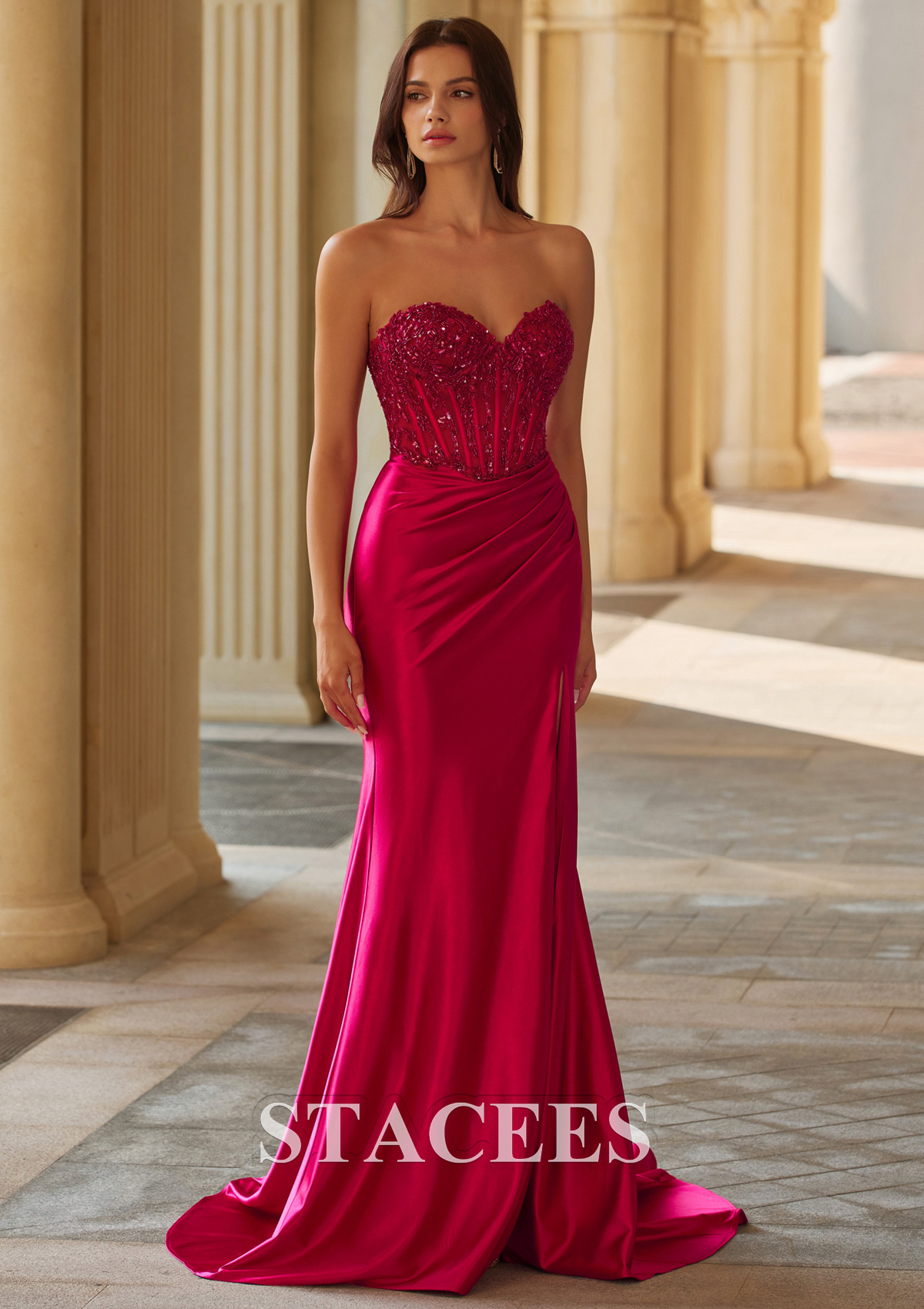 Burgundy Mermaid Strapless Beaded Corset Backless Prom Dress with High Slit - STACEES
