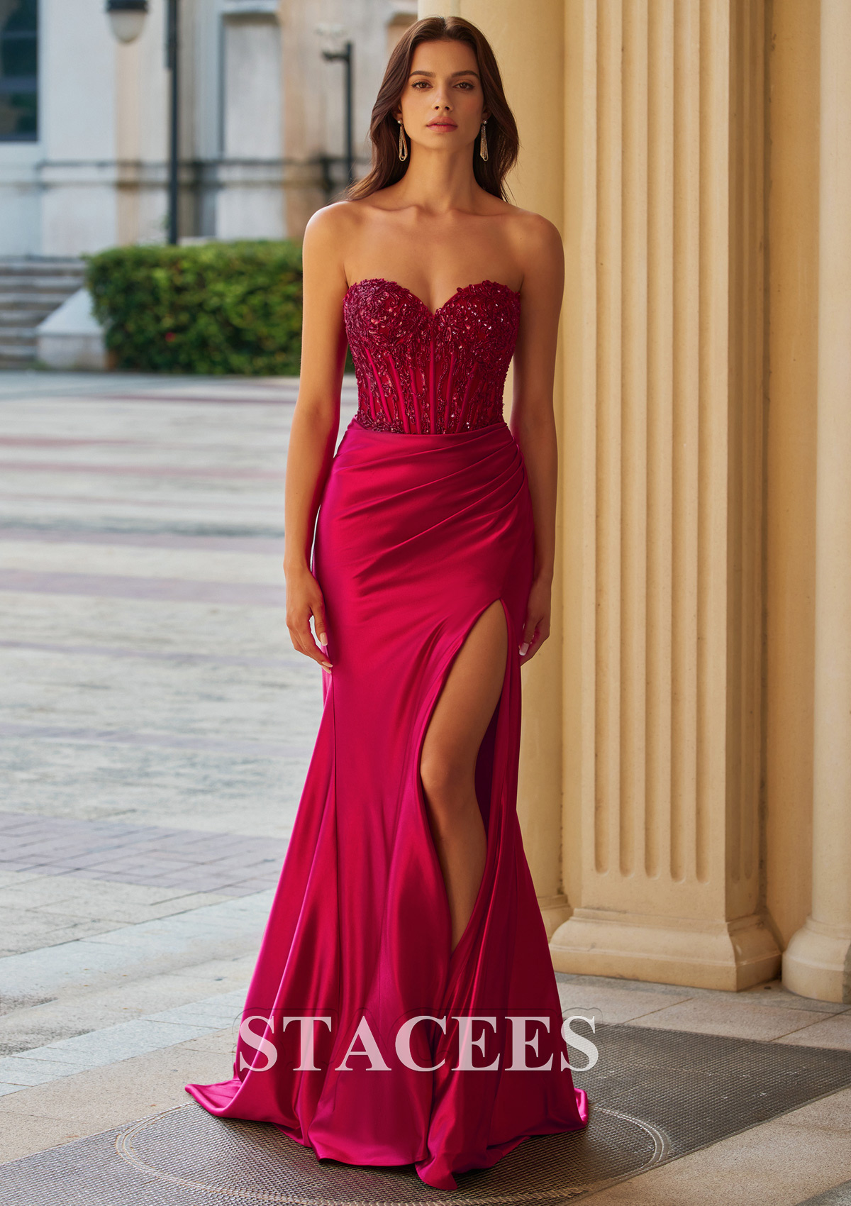 Burgundy Mermaid Strapless Beaded Corset Backless Prom Dress with High Slit - STACEES