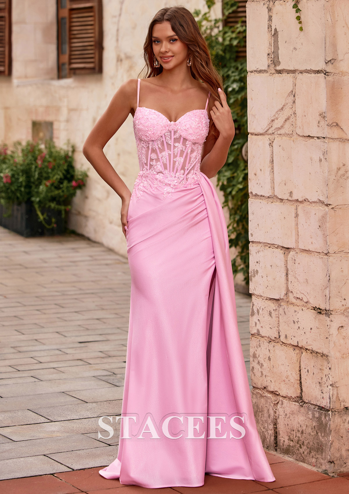 Blushing Pink Mermaid V Neck Sheer Beaded Corset Slit Prom Dress with Side Draping - STACEES
