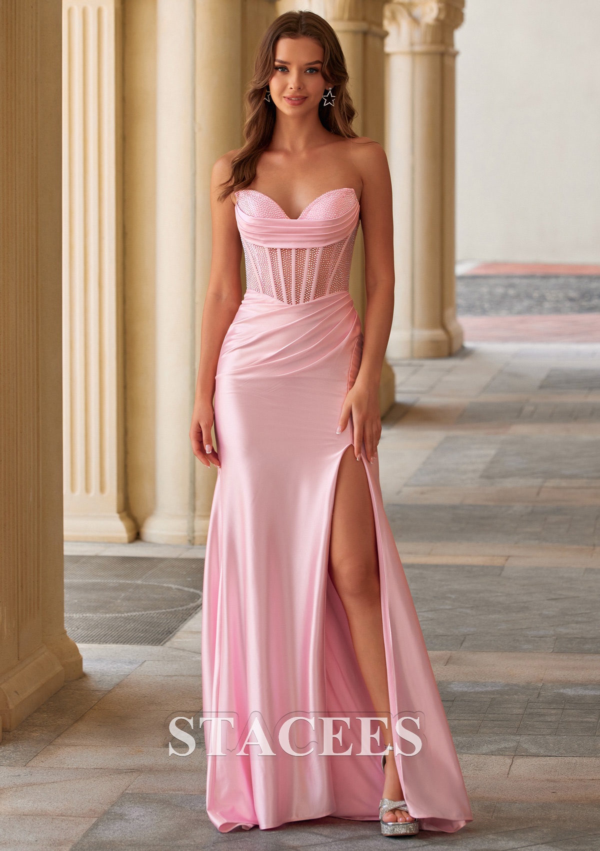 Blushing Pink Mermaid Strapless Ruched Sheer Hotfix Corset Prom Dress with Slit - STACEES