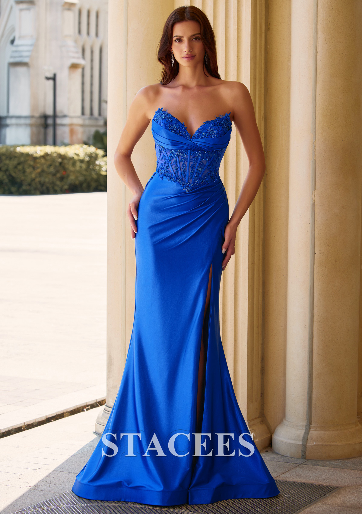 Royal Blue Shiny Silk like Satin Strapless Mermaid Ruched Prom Dress with Applique Corset and Slit - STACEES