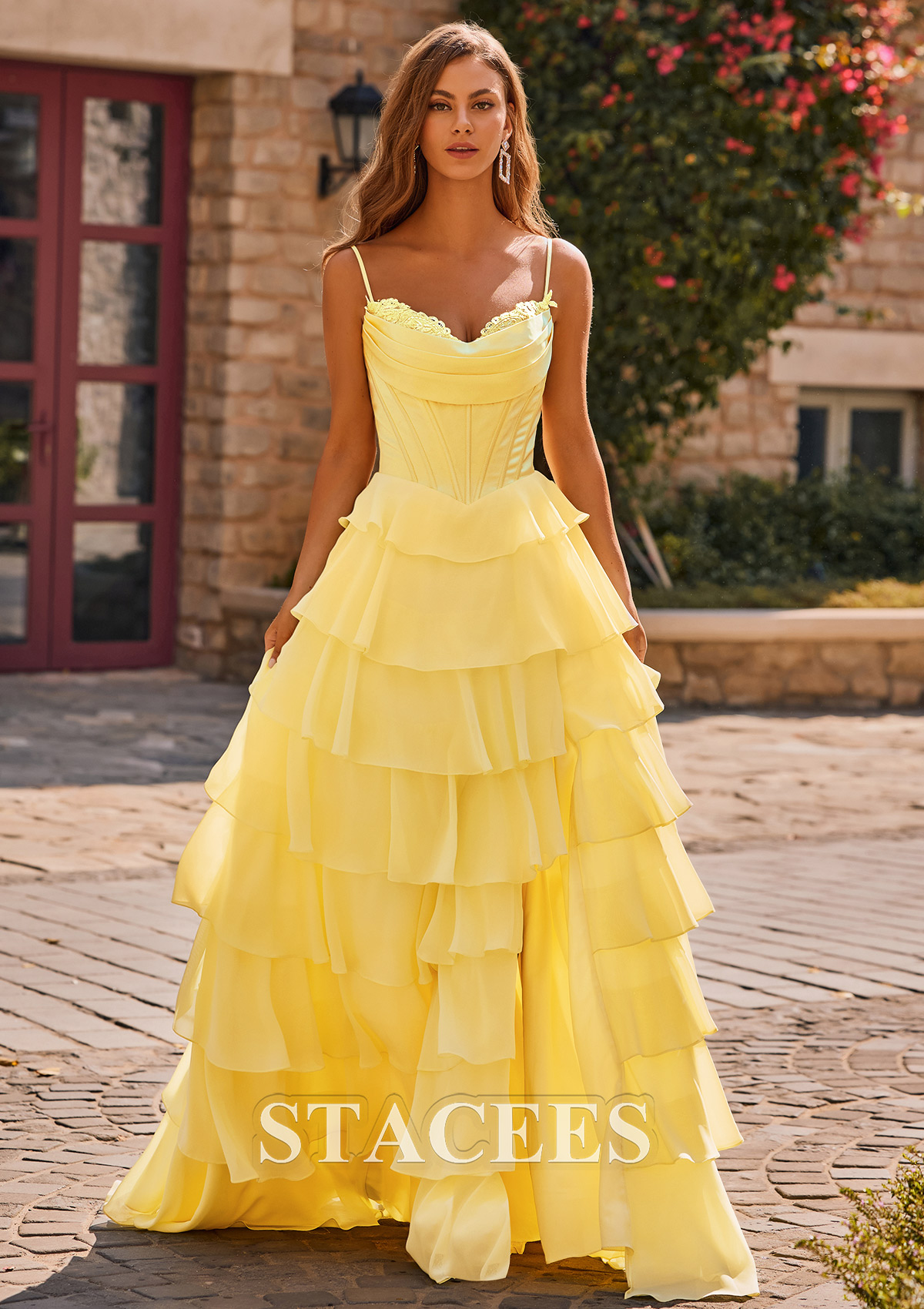 layered a line dress Stacees A-line Ruffle Sky Blue Prom with Cowl Neck Corset Leaf Embroidery Length 993 WEYUE Slip Dress for Size:UK 12