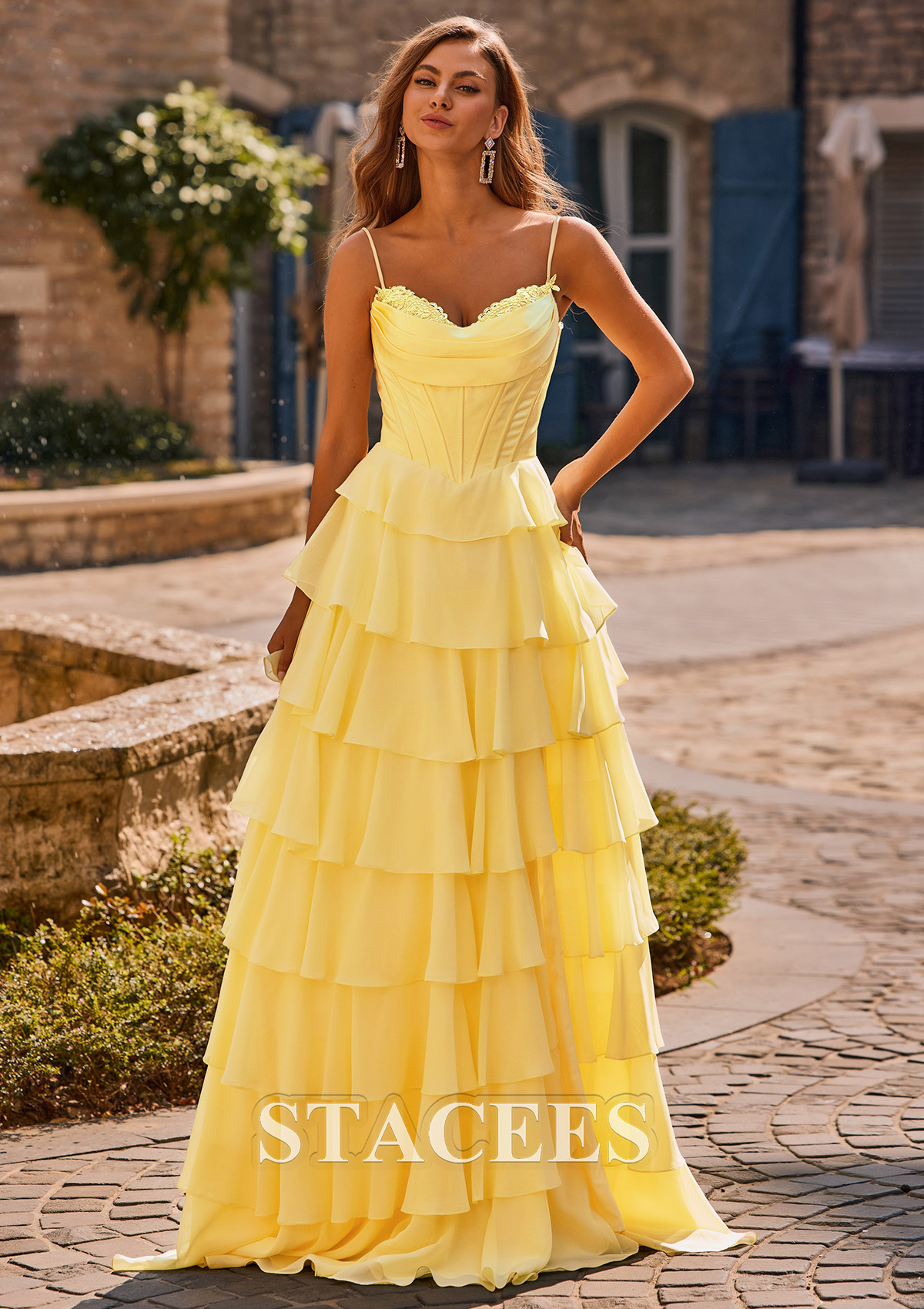 Stacees A-line Layered Ruffle Sky Blue Prom Dress with Cowl Neck Corset