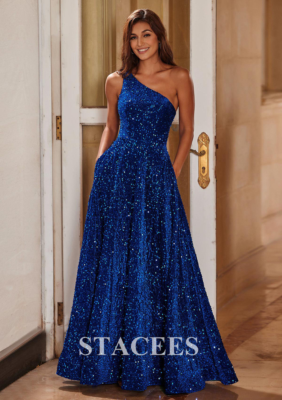 Royal Blue A-line One-Shoulder Velvet Sequins Floor-Length Prom Dress with Pockets - STACEES