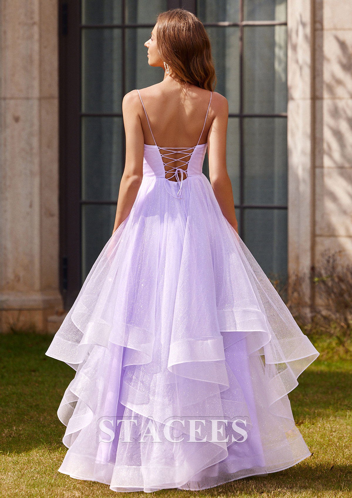 Lilac A-line Princess V Neck Floor-Length Tulle Prom Dress with Ruffles Glitter - STACEES