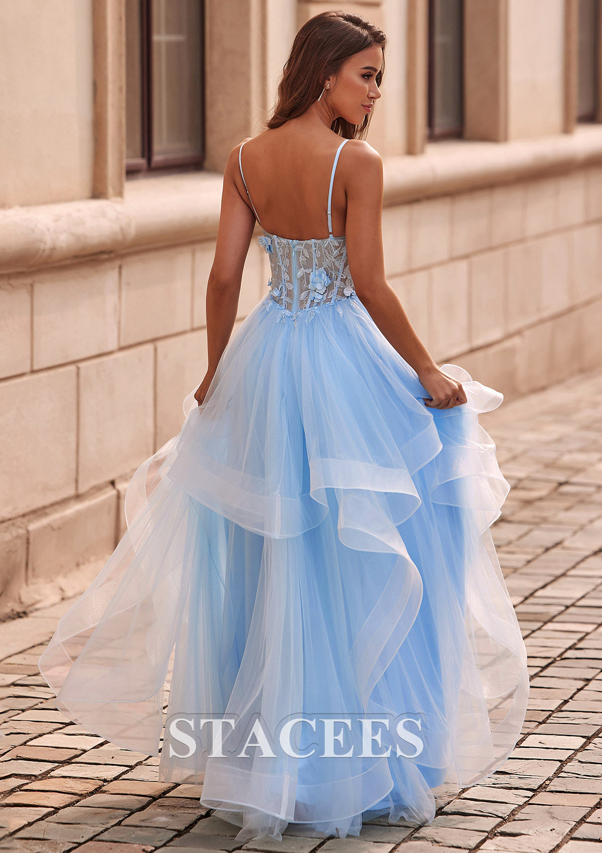 Sky Blue A-line V Neck Sheer Lace Corset Ruffle Prom Dress - STACEES