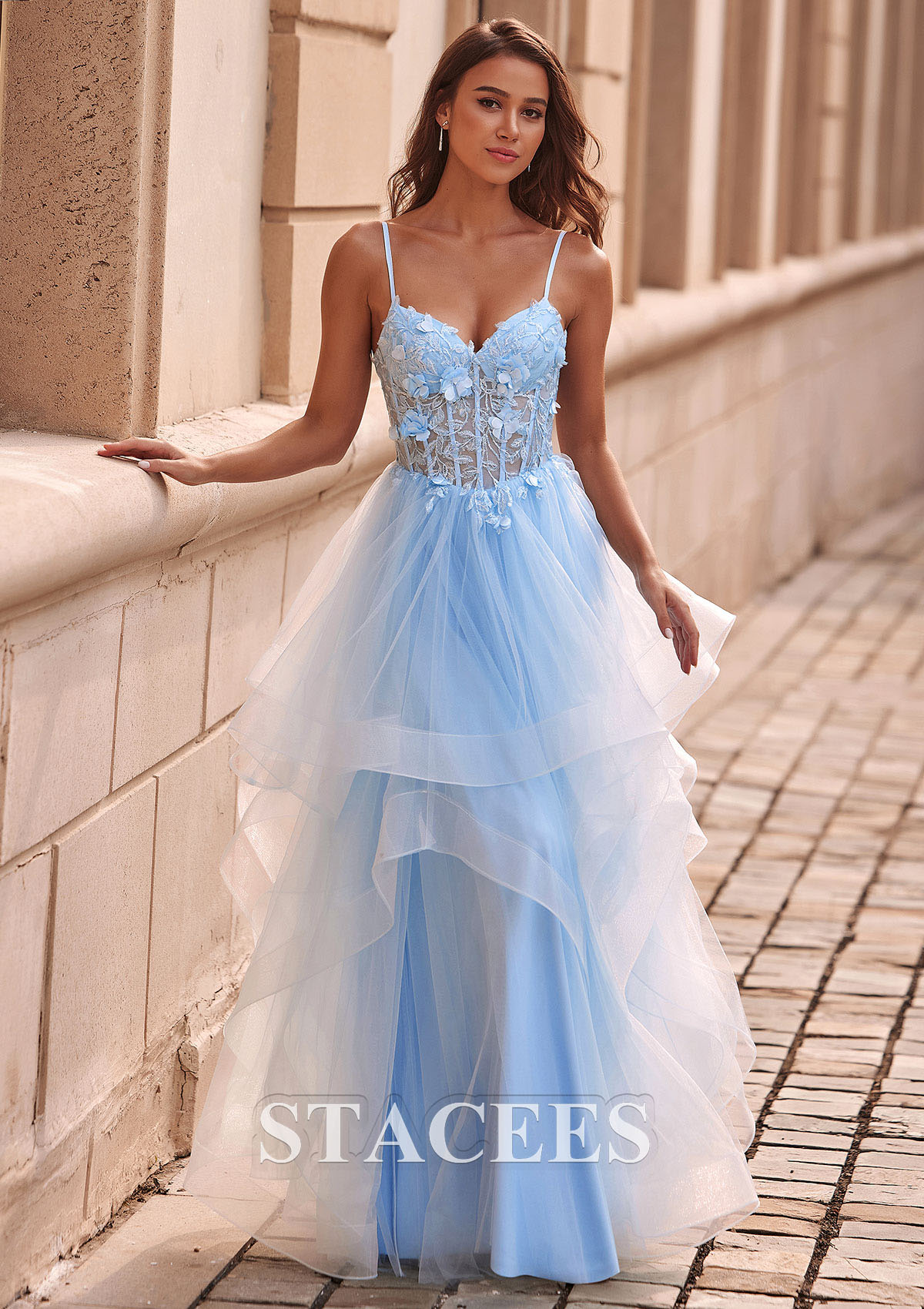 Sky Blue A-line V Neck Sheer Lace Corset Ruffle Prom Dress - STACEES