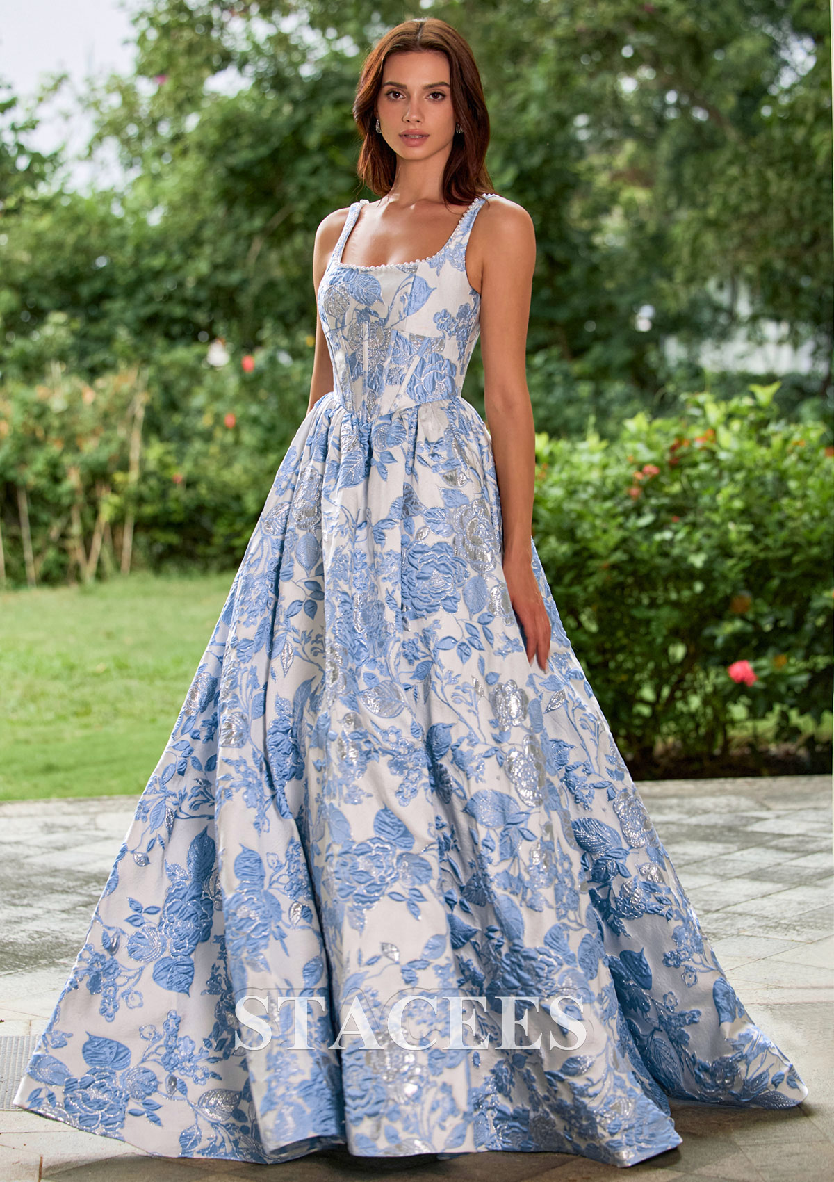 Floral Azul Cielo Vestido línea a vestido de gala cuello cuadrado brocado cola de barrido vestido de graduación - STACEES