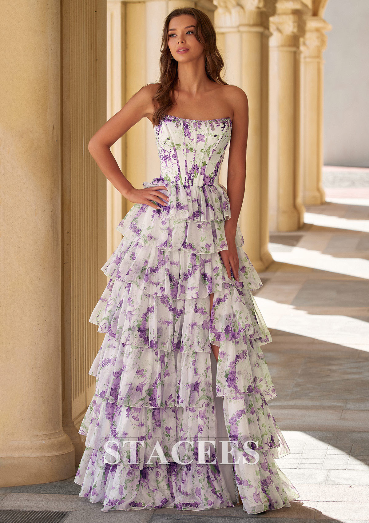 Grape Floral Vestido línea a cuello cuadrado gasa hasta el suelo vestido de graduación - STACEES