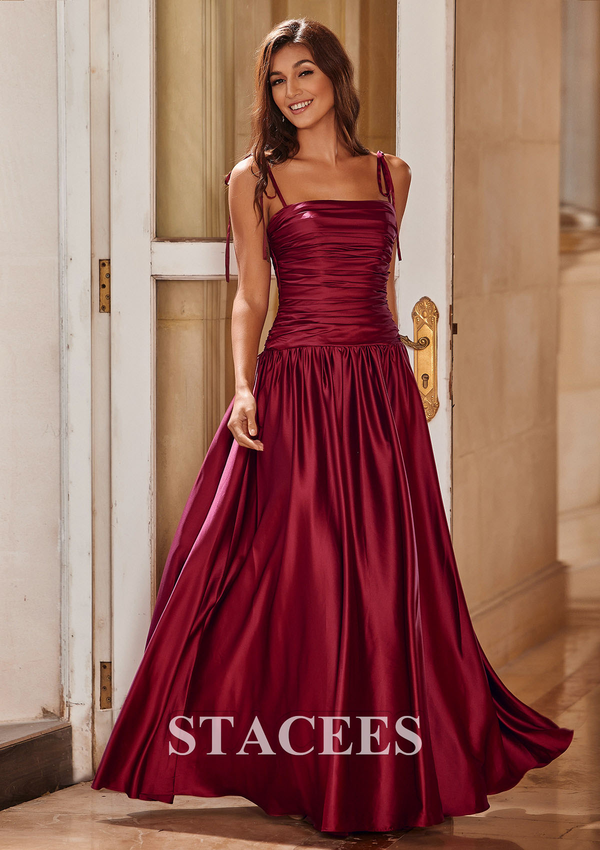 Burgundy A-line Square Neckline Pleated Long Prom Dress with Adjustable Spaghetti Straps - STACEES
