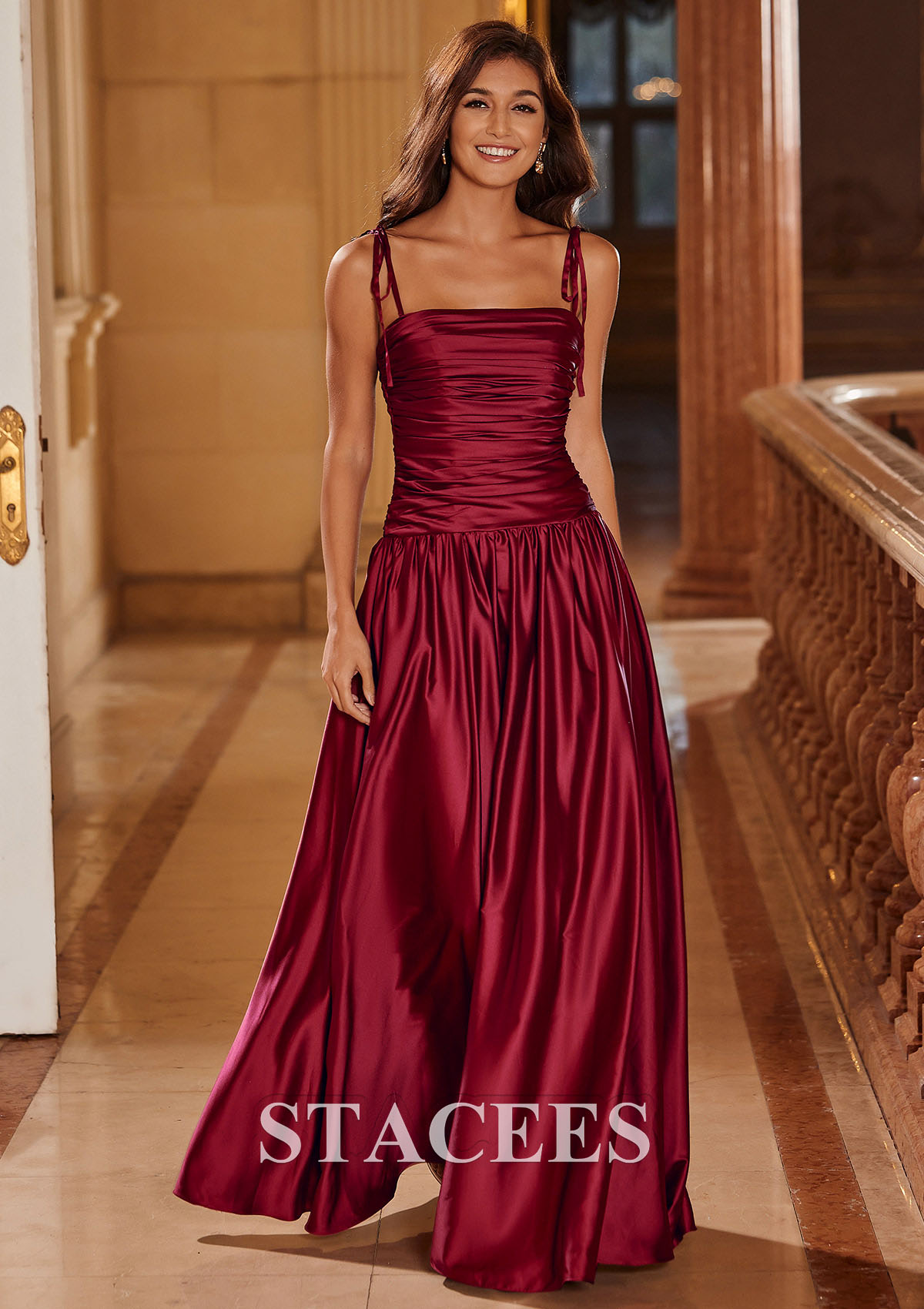 Burgundy A-line Square Neckline Pleated Long Prom Dress with Adjustable Spaghetti Straps - STACEES