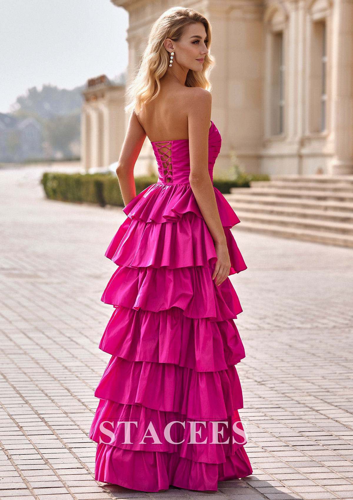 Hot Pink A-line Square Neckline Strapless Ruffled Taffeta Prom Dress with Slit Pleats - STACEES