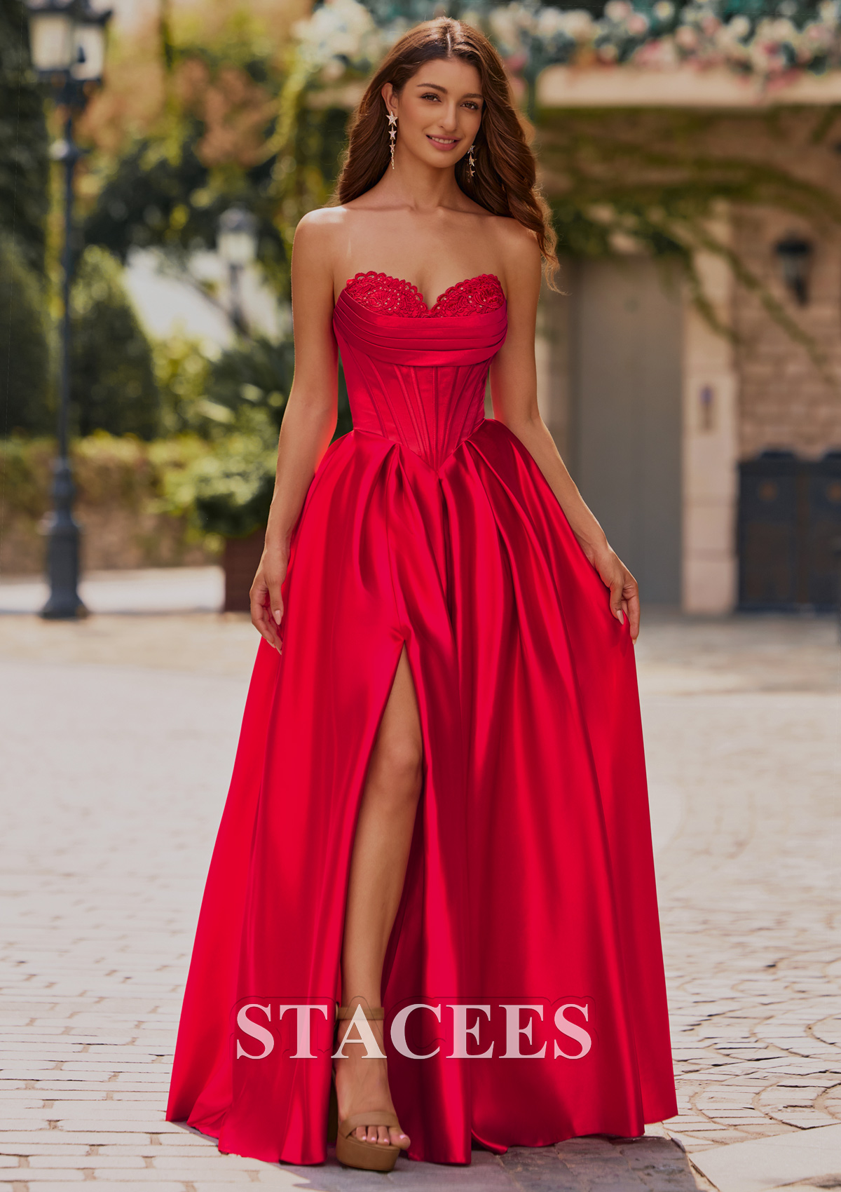 A-line Appliqued Ruched Strapless Sweetheart Corset Satin Slit Prom Dress S8889P - Prom Dresses