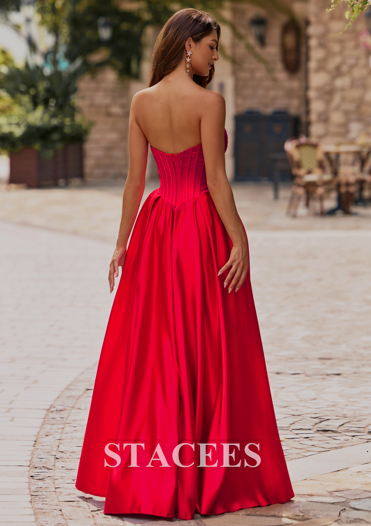 Red A-line Appliqued Ruched Strapless Sweetheart Corset Satin Slit Prom Dress - STACEES