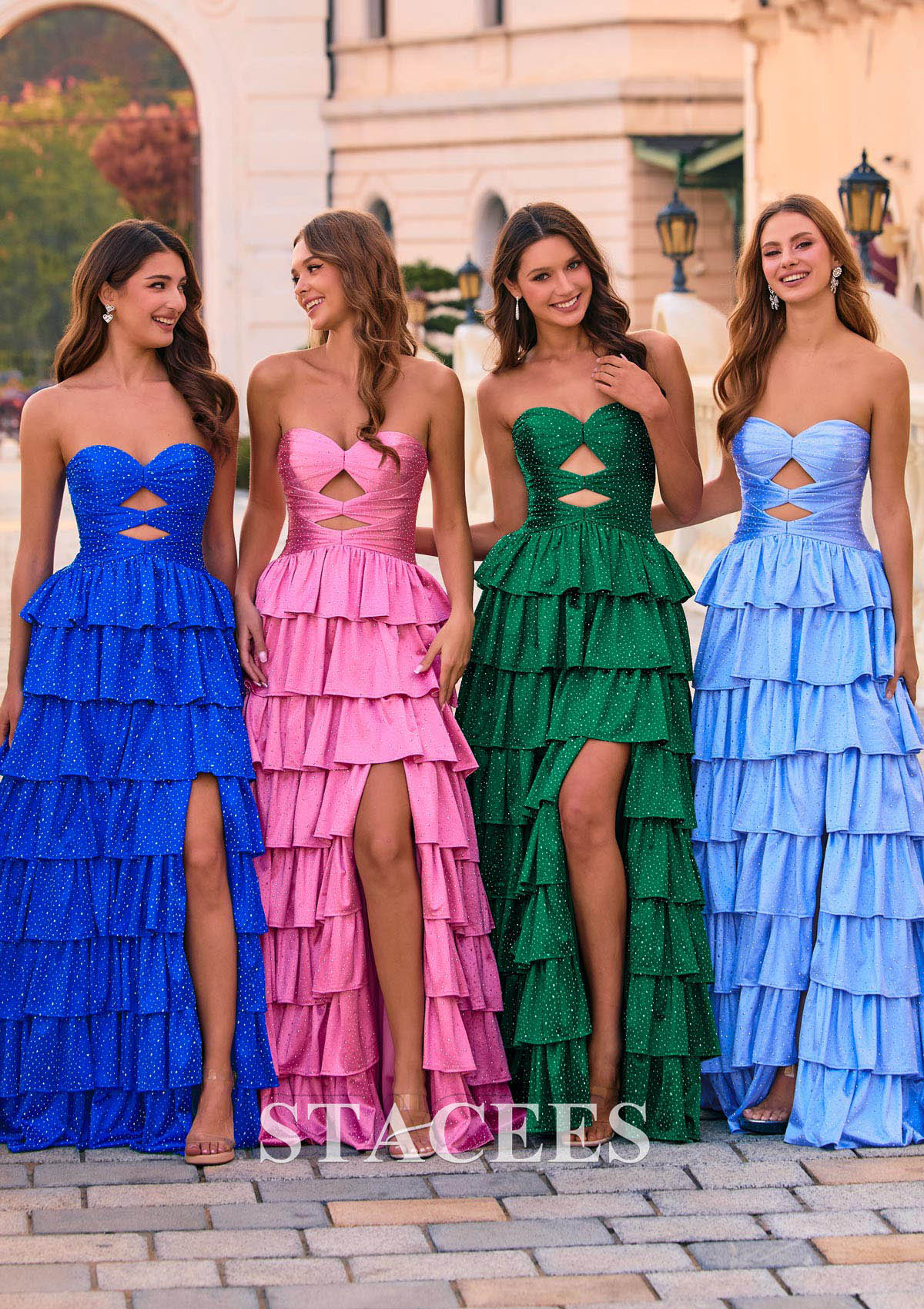 Emerald Sparkle A-line Strapless Cut-Out Tiered Ruffle Hot Fix Prom Dress with Slit - STACEES