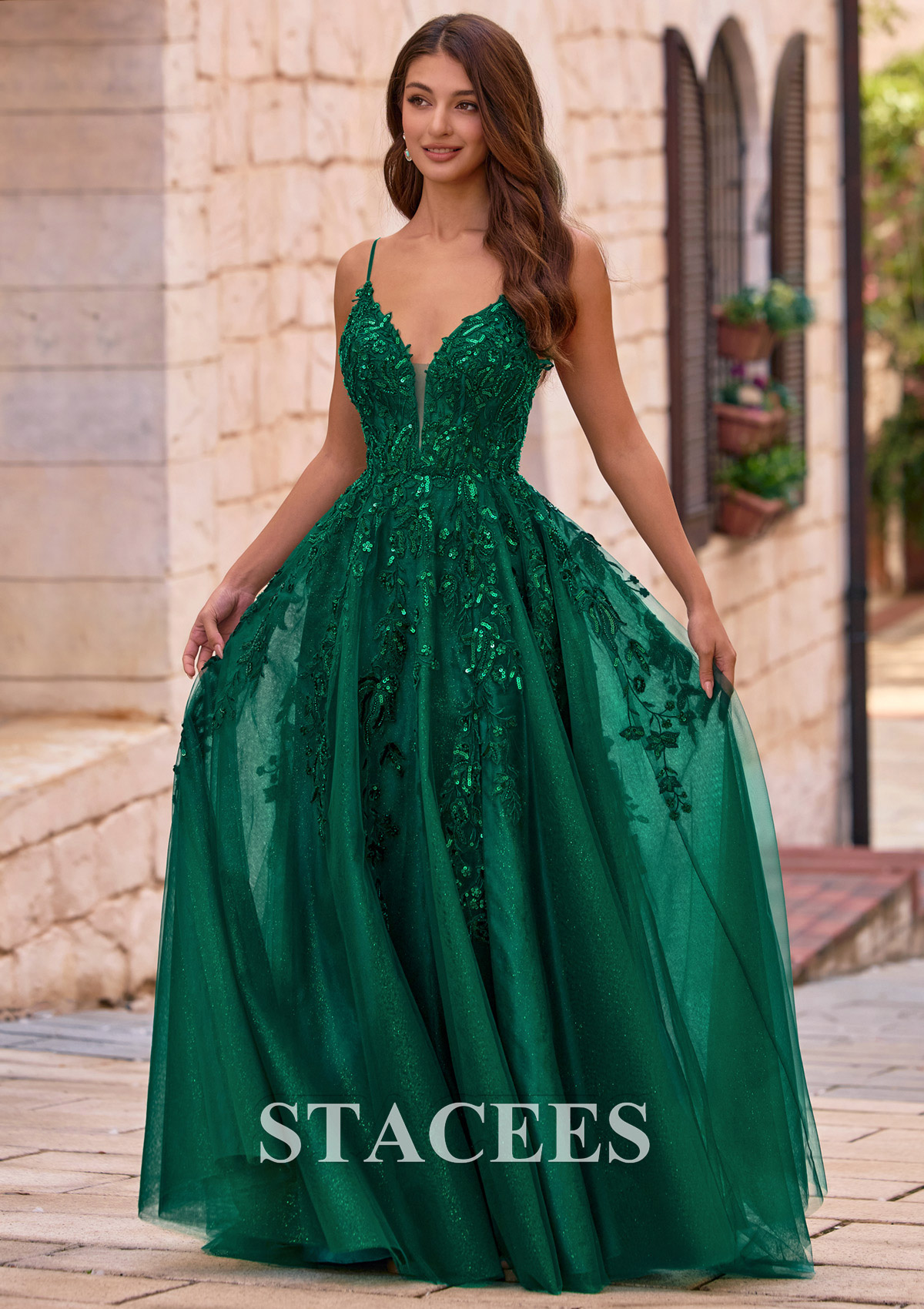 emerald a line prom dress Sparkling A-line V Neck Floral Sequins Embroidered Corset Glitter Tulle with Slit S8907P - Prom Dresses Size:MED catching flow Blue Dress Buy Butter Yellow Satin