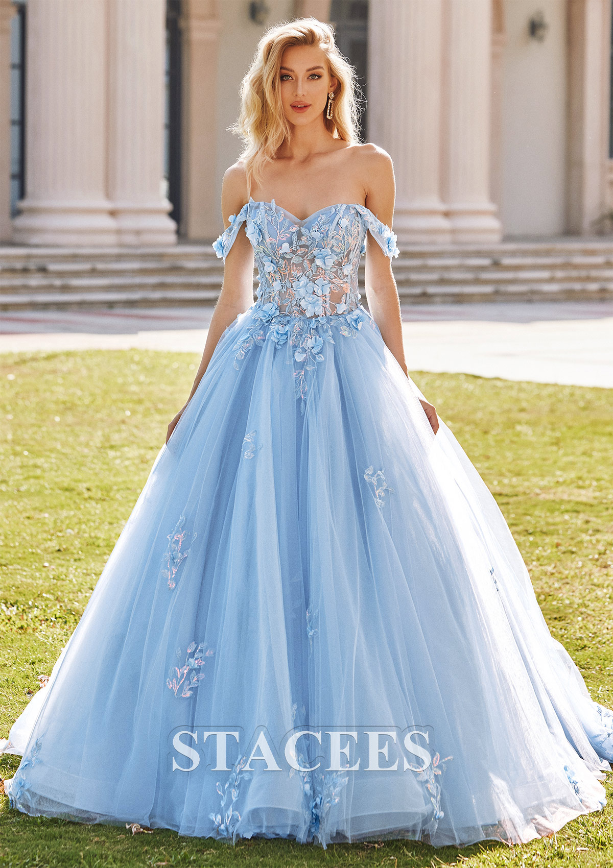 Sky Blue Ball Gown Off-the-Shoulder Long Tulle Prom Dress with Appliqued Sequins Petticoat - STACEES