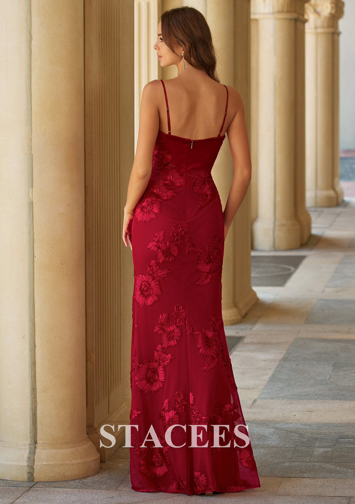 Red Fitted Floral Jacquard Spaghetti Strap Prom Gown with Open Lace-Up Back - STACEES