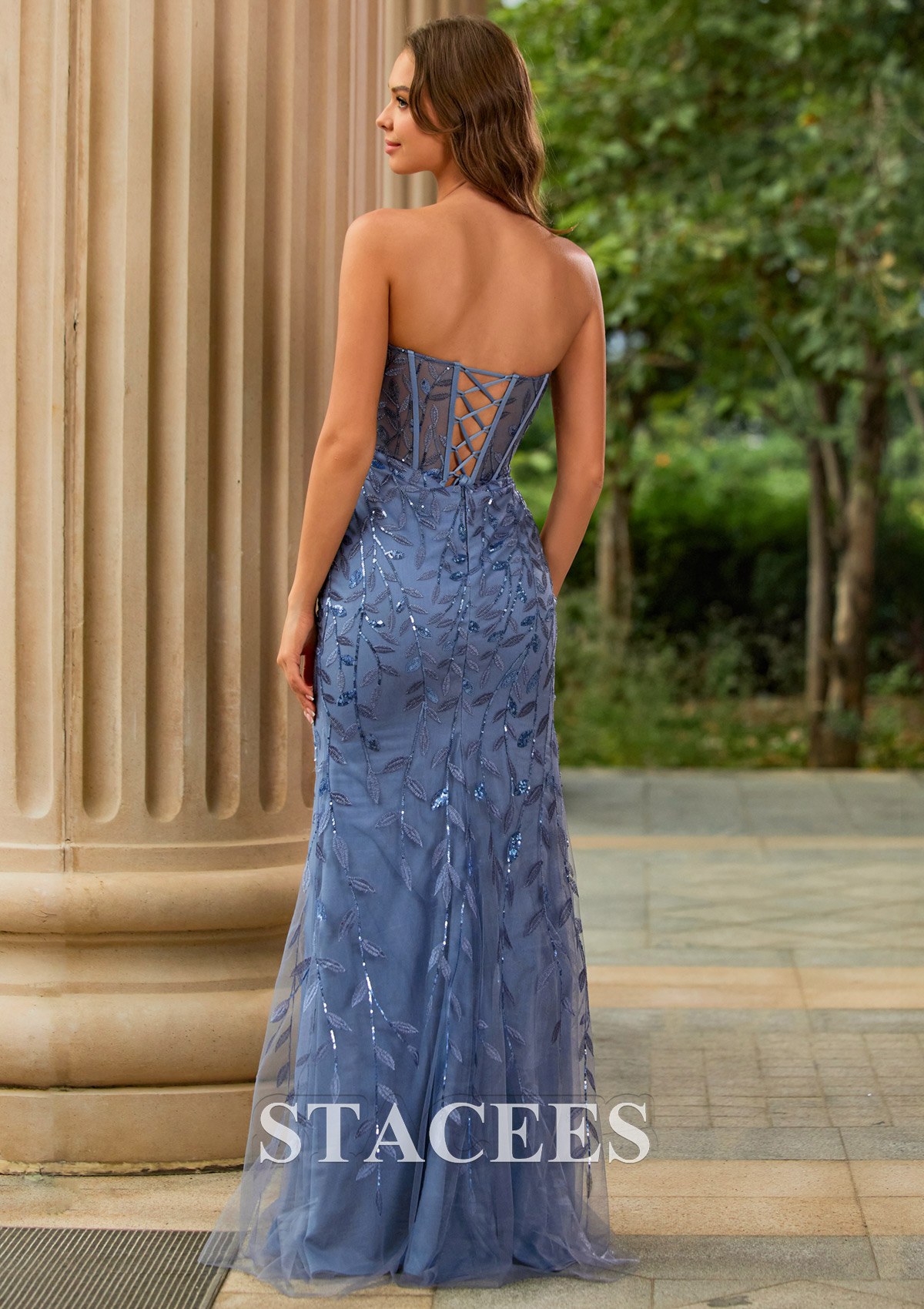Bleu Poudré Fourreau cache coeur tulle longueur ras du sol robe de bal avec paillettes fendue - STACEES