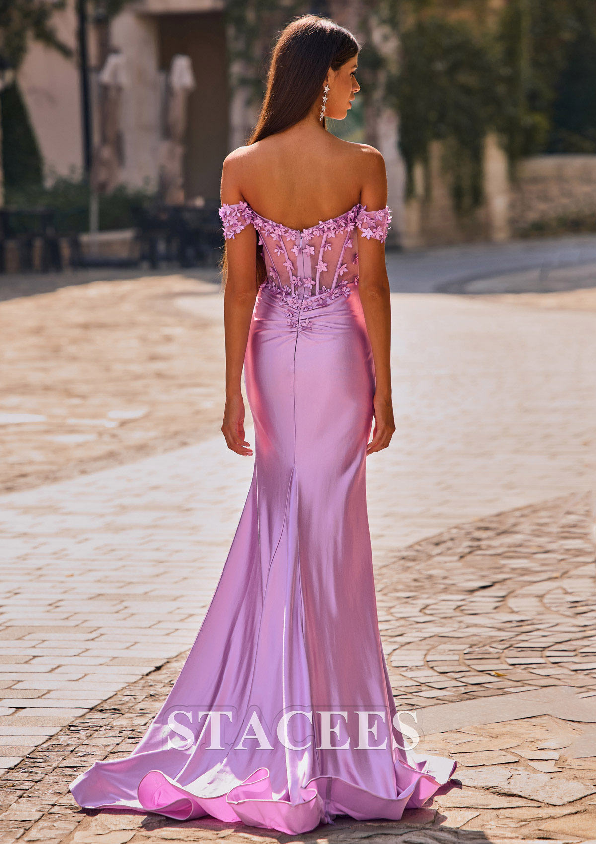 Lilas Trumpette/Sirène épaule dénudée soie comme du satin traîne cour robe de bal  - STACEES