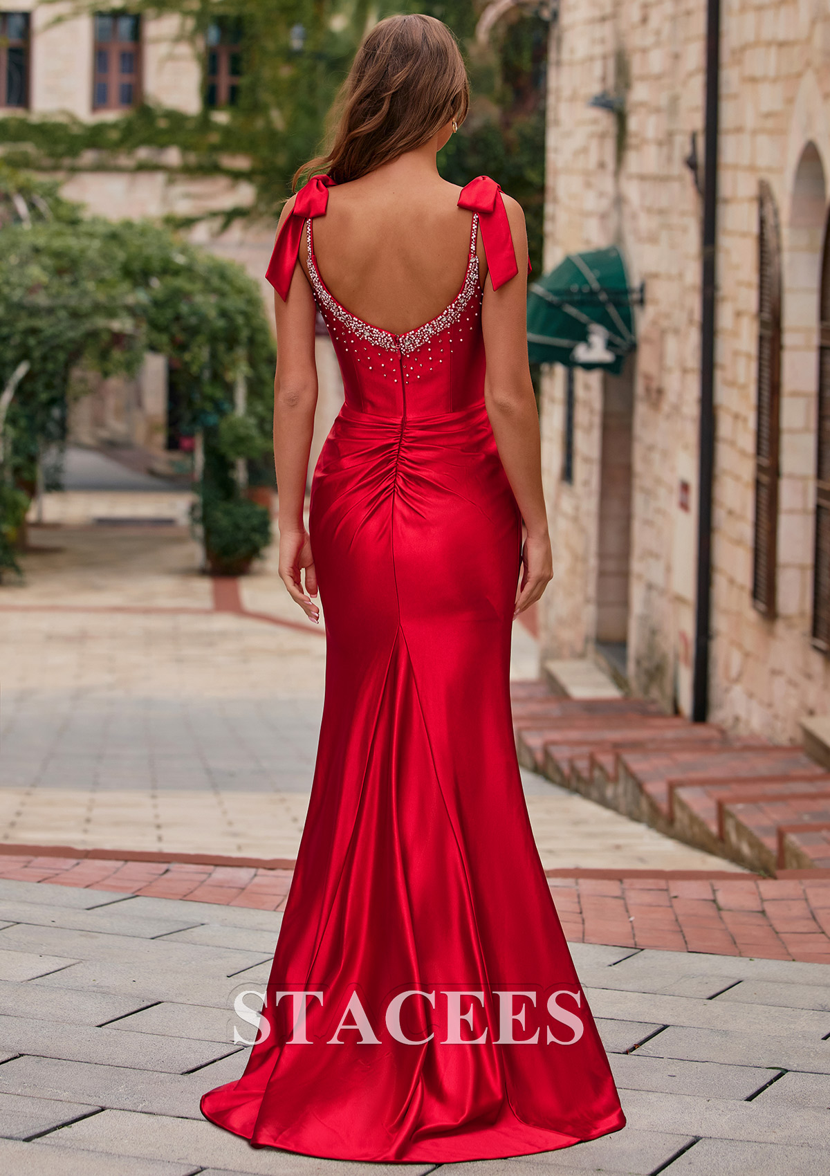 Red Mermaid Beaded Scoop Neck Ruched Slit Prom Dress with Bow Straps - STACEES