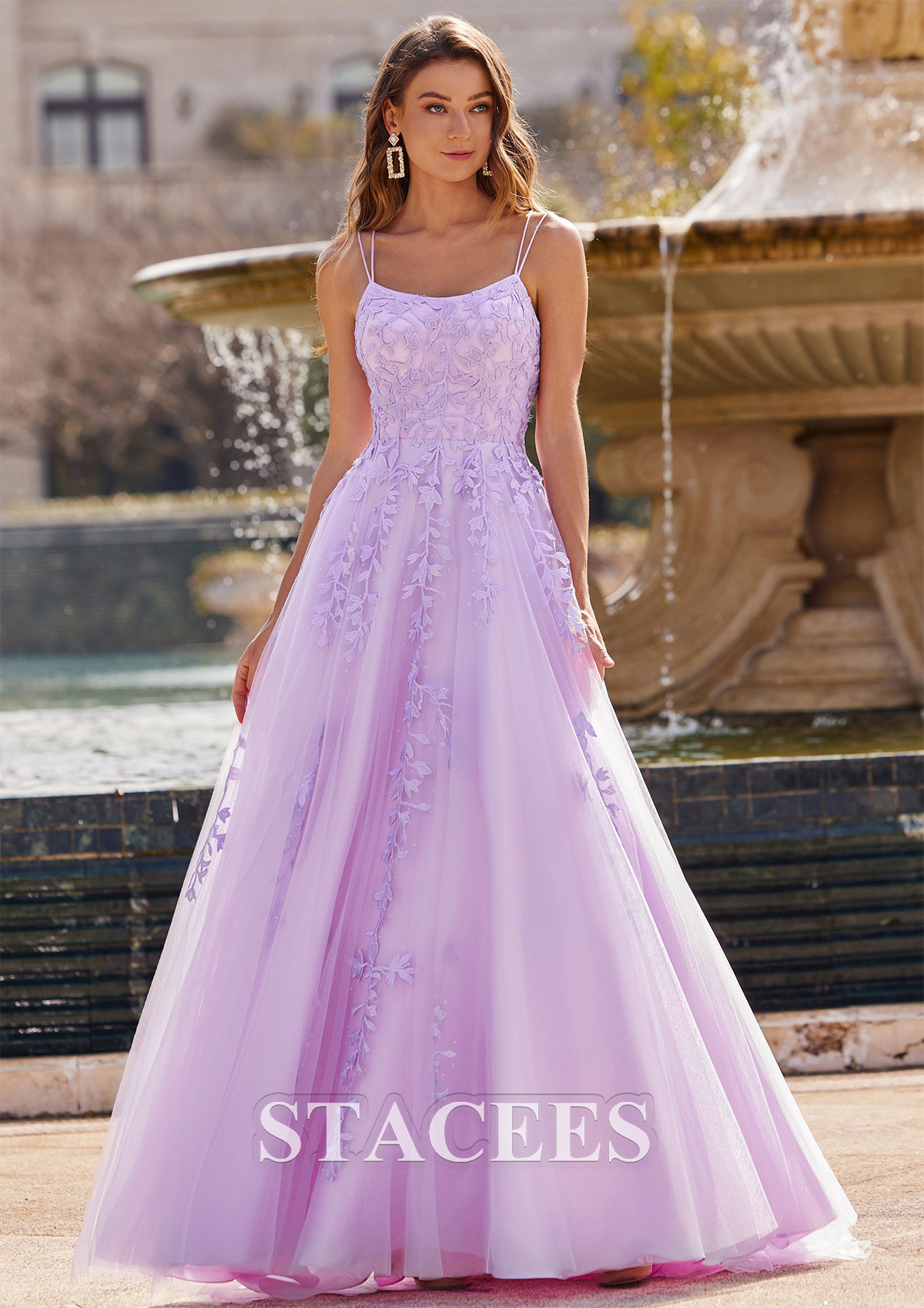Lilac A-line Princess Square Neckline Sleeveless Sweep Train Tulle Prom Dress with Appliqued - STACEES