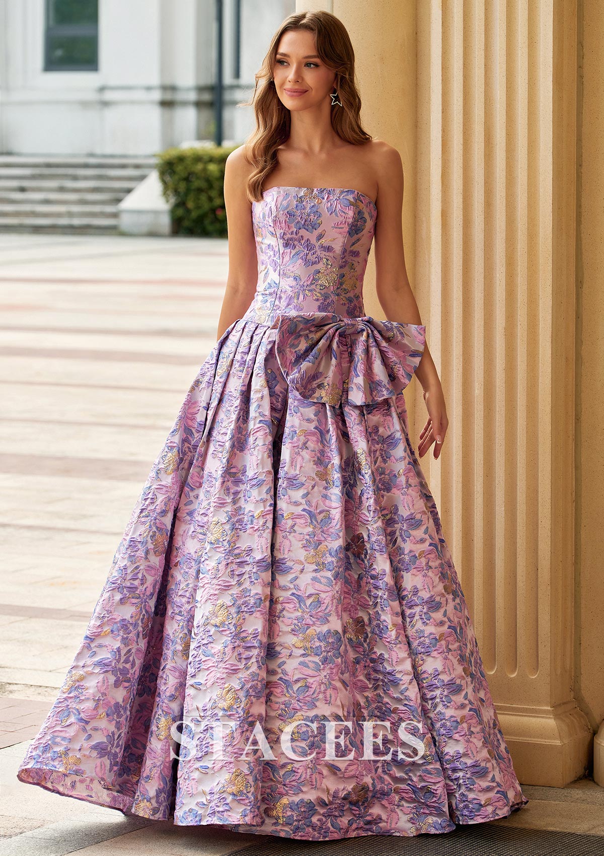 Pink Lilac Floral Strapless Metallic Floral Brocade Ball Gown Prom Dress with Side Bow - STACEES