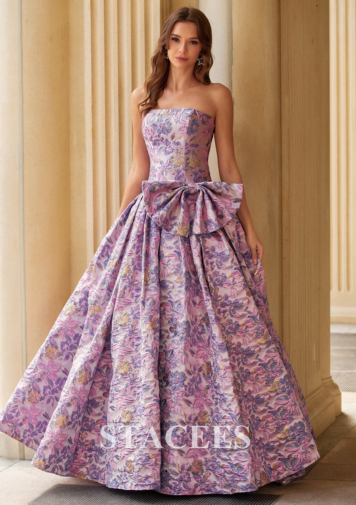 Pink Lilac Floral Strapless Metallic Floral Brocade Ball Gown Prom Dress with Side Bow - STACEES
