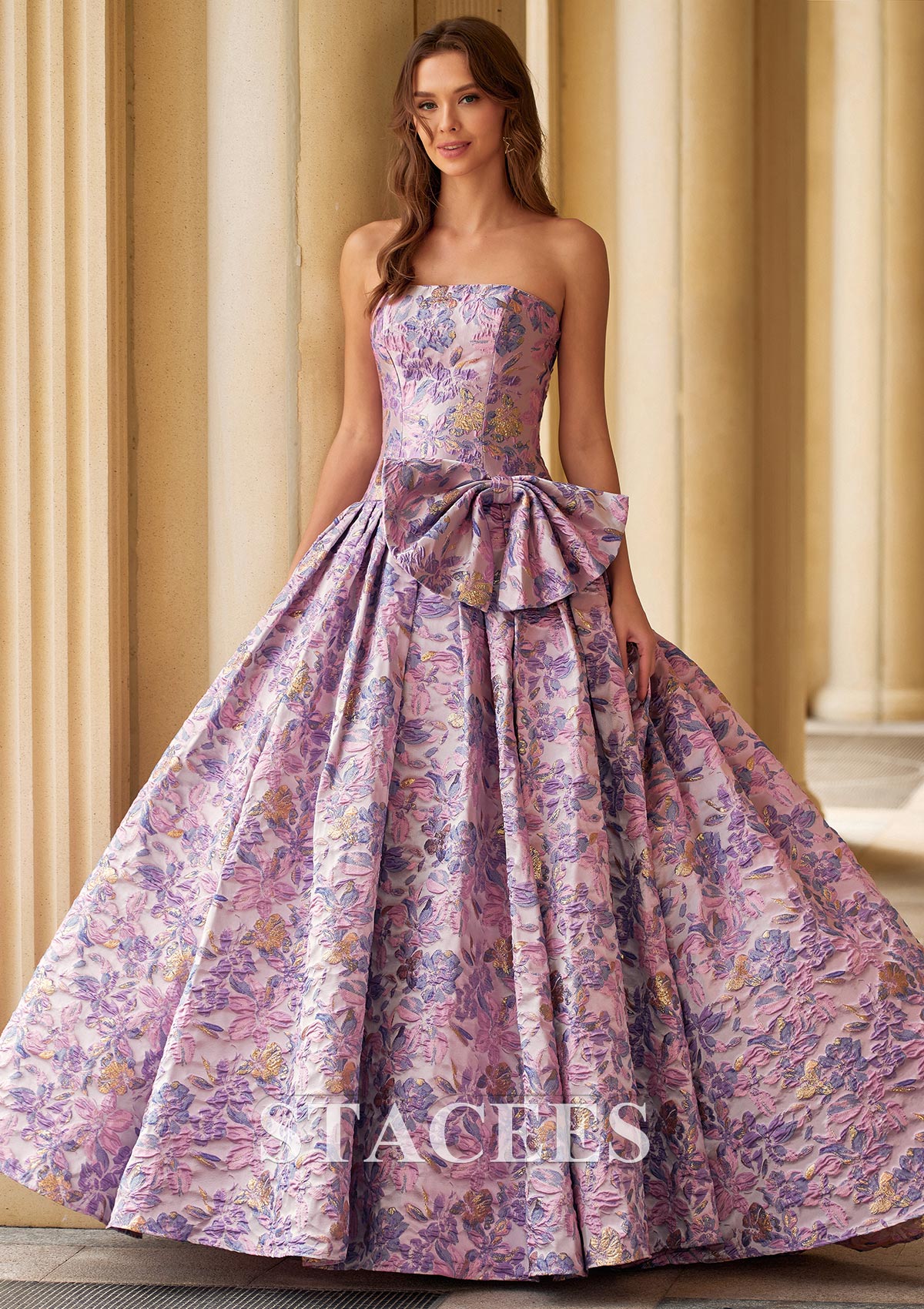 Pink Lilac Floral Strapless Metallic Floral Brocade Ball Gown Prom Dress with Side Bow - STACEES