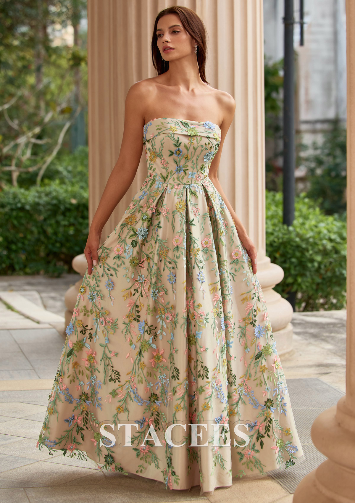 floral embroidered a line dress A-line Strapless Prom with Pockets S9111P - Prom Dresses Hoco Dress Inspo Simple Short White Backless COLOR:Green Fully lined Structure
