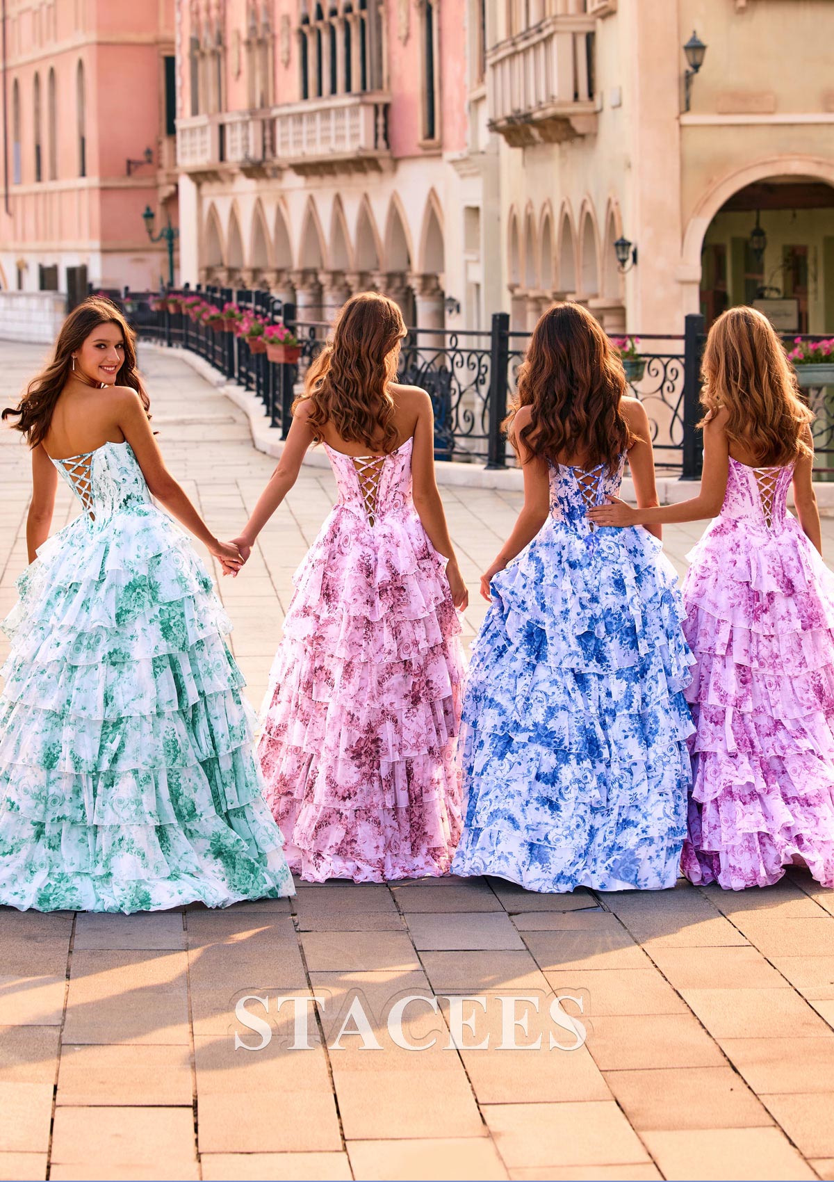 Purple Floral Trapèze cache coeur mousseline traîne balayage robe de bal avec appliqué plissé volants - STACEES