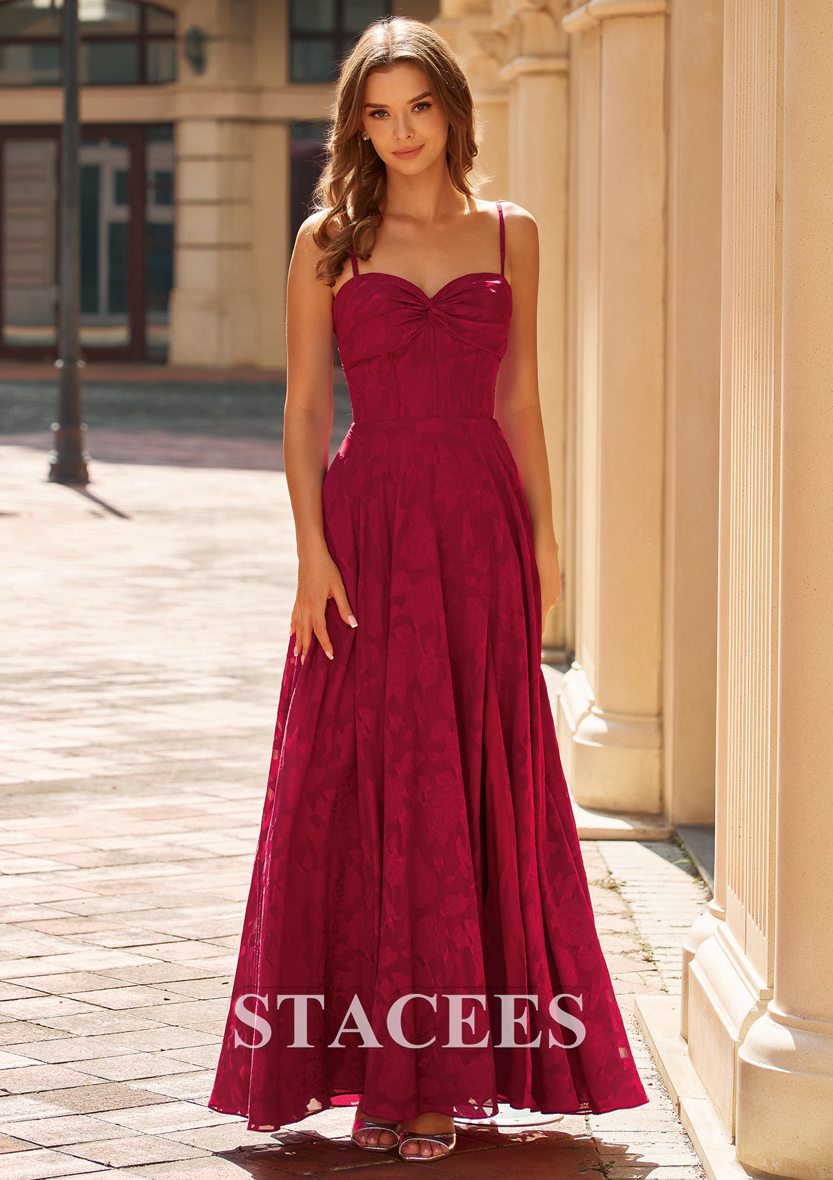 Burgundy A-line Spaghetti Strap Jacquard Prom Dress with Ruched Bodice Slit - STACEES